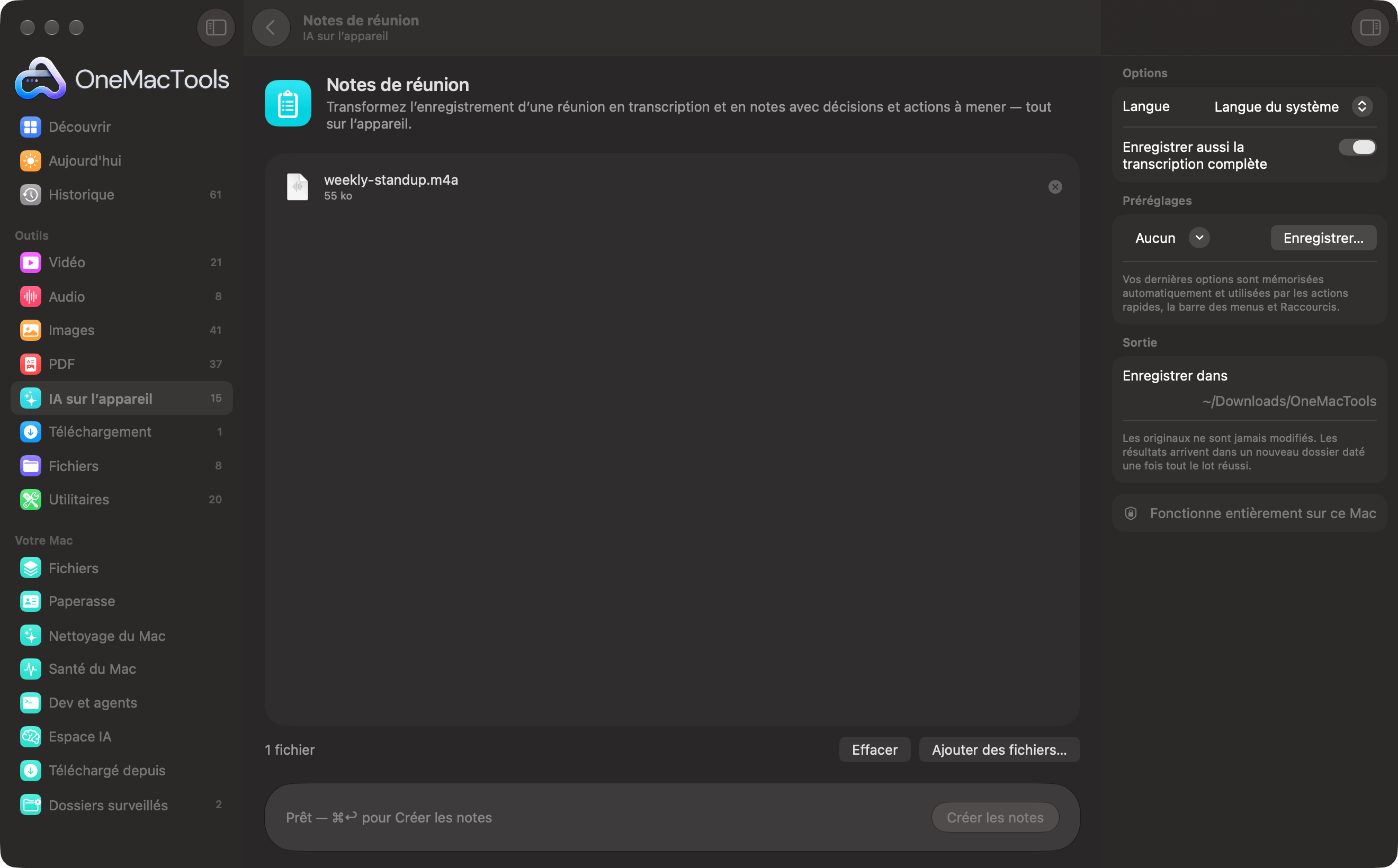 Notes de réunion de OneMacTools avec un enregistrement chargé