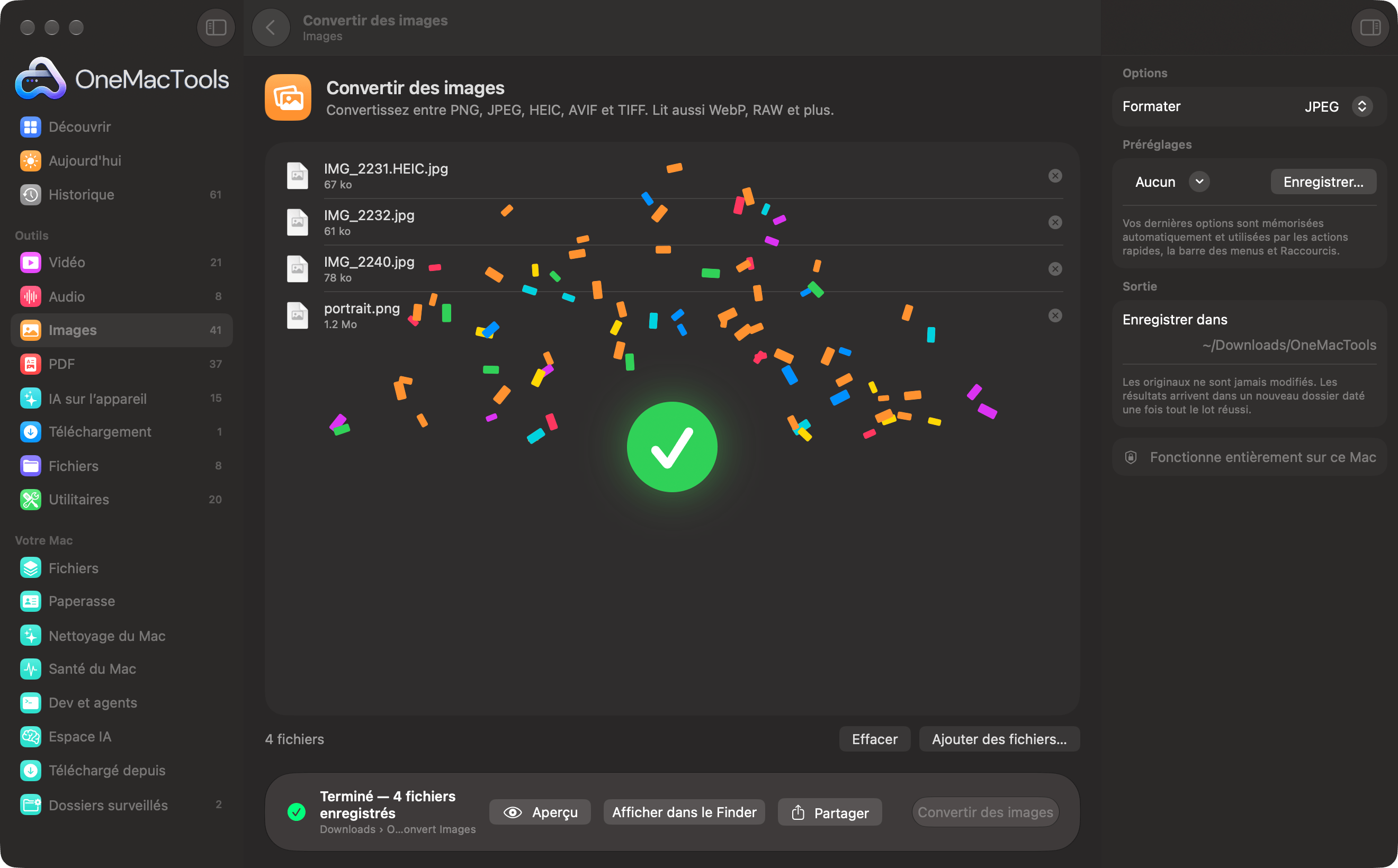 OneMacTools célébrant un lot de conversions d’images terminé avec des confettis et une coche
