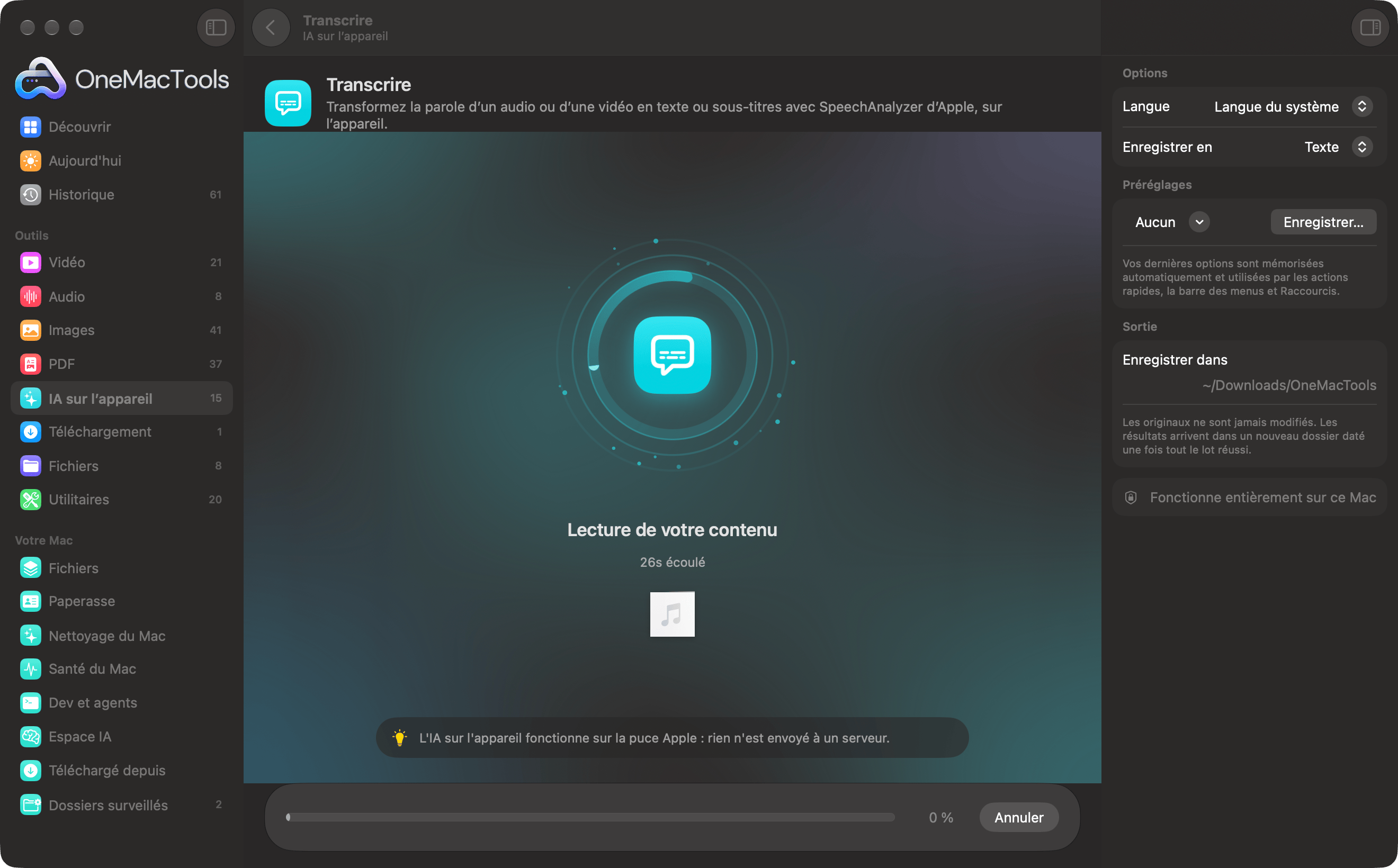 OneMacTools transcrivant un enregistrement avec l’IA sur l’appareil