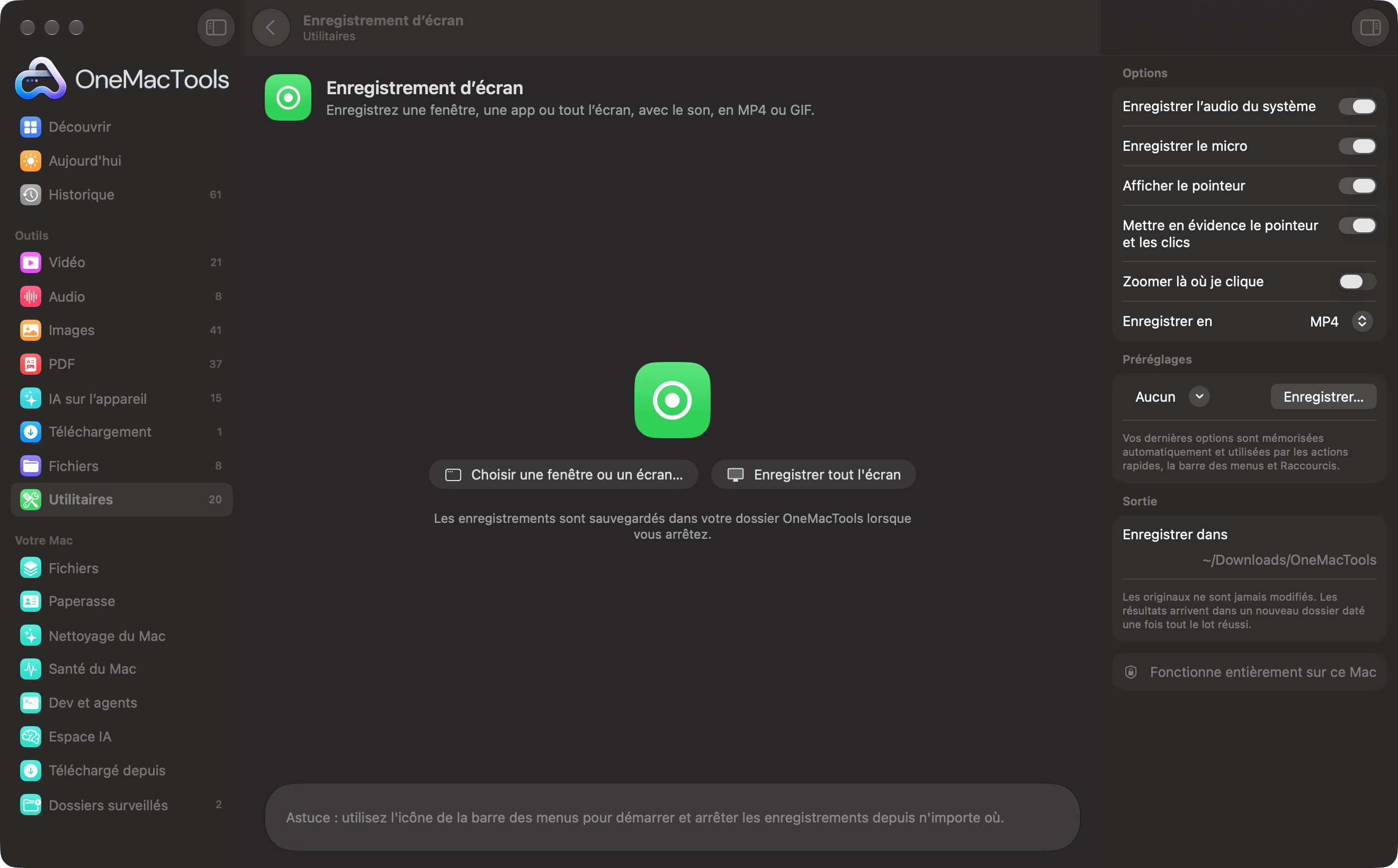 Enregistrement d’écran de OneMacTools prêt à enregistrer une fenêtre ou tout l’écran
