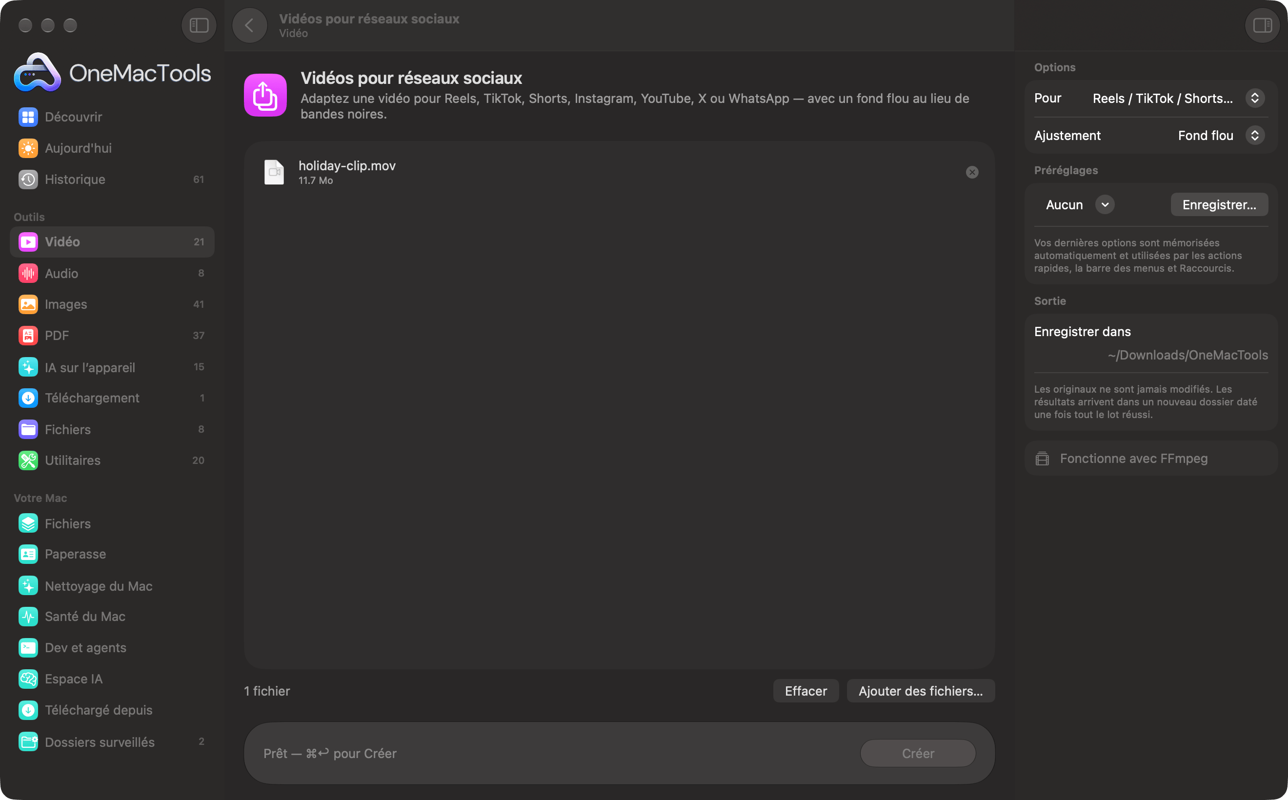 Vidéos pour réseaux sociaux de OneMacTools avec une vidéo prête pour les Reels