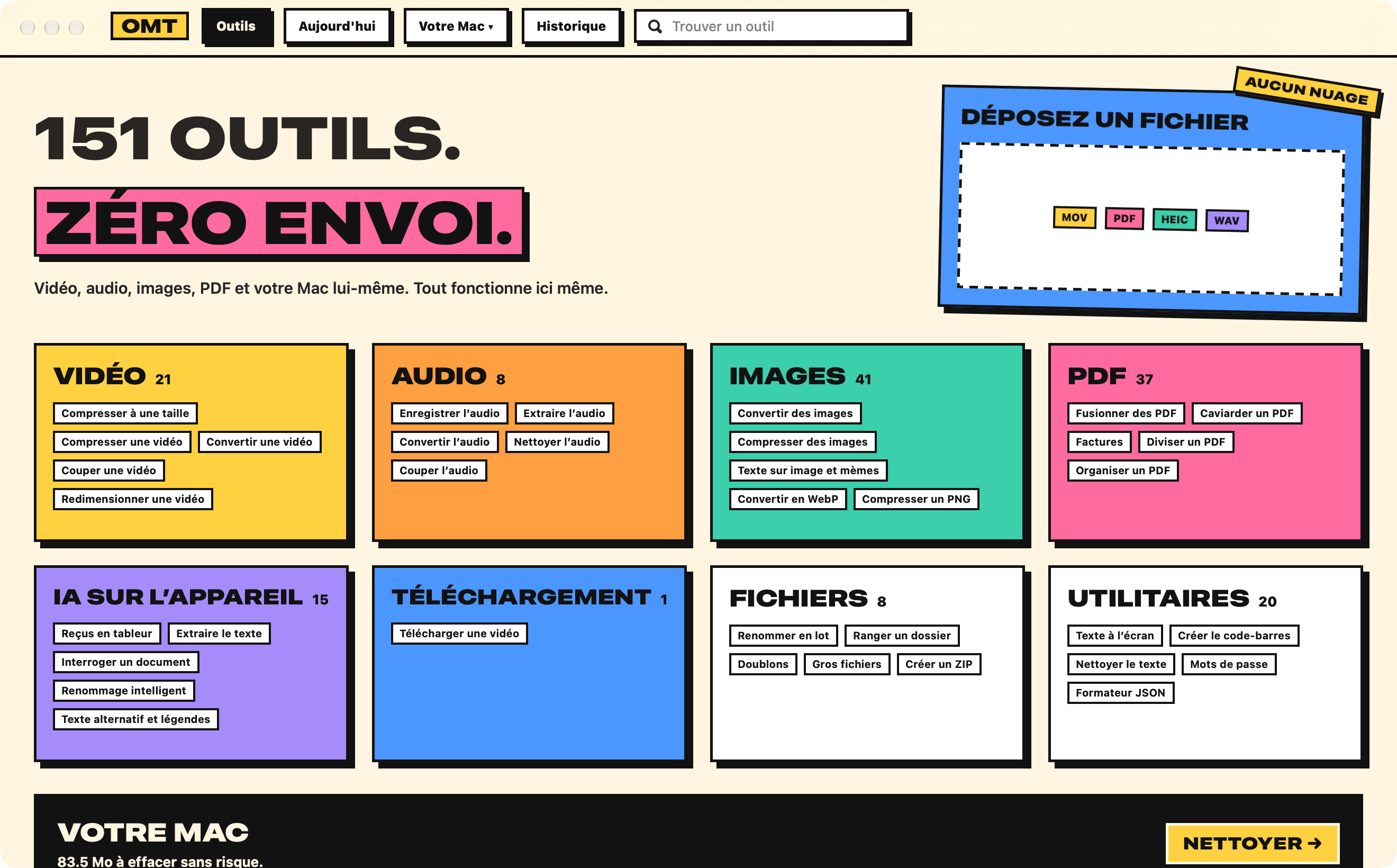 OneMacTools avec le style Néo-brutal : 151 OUTILS. ZÉRO ENVOI. sur des blocs de couleur pour chaque catégorie