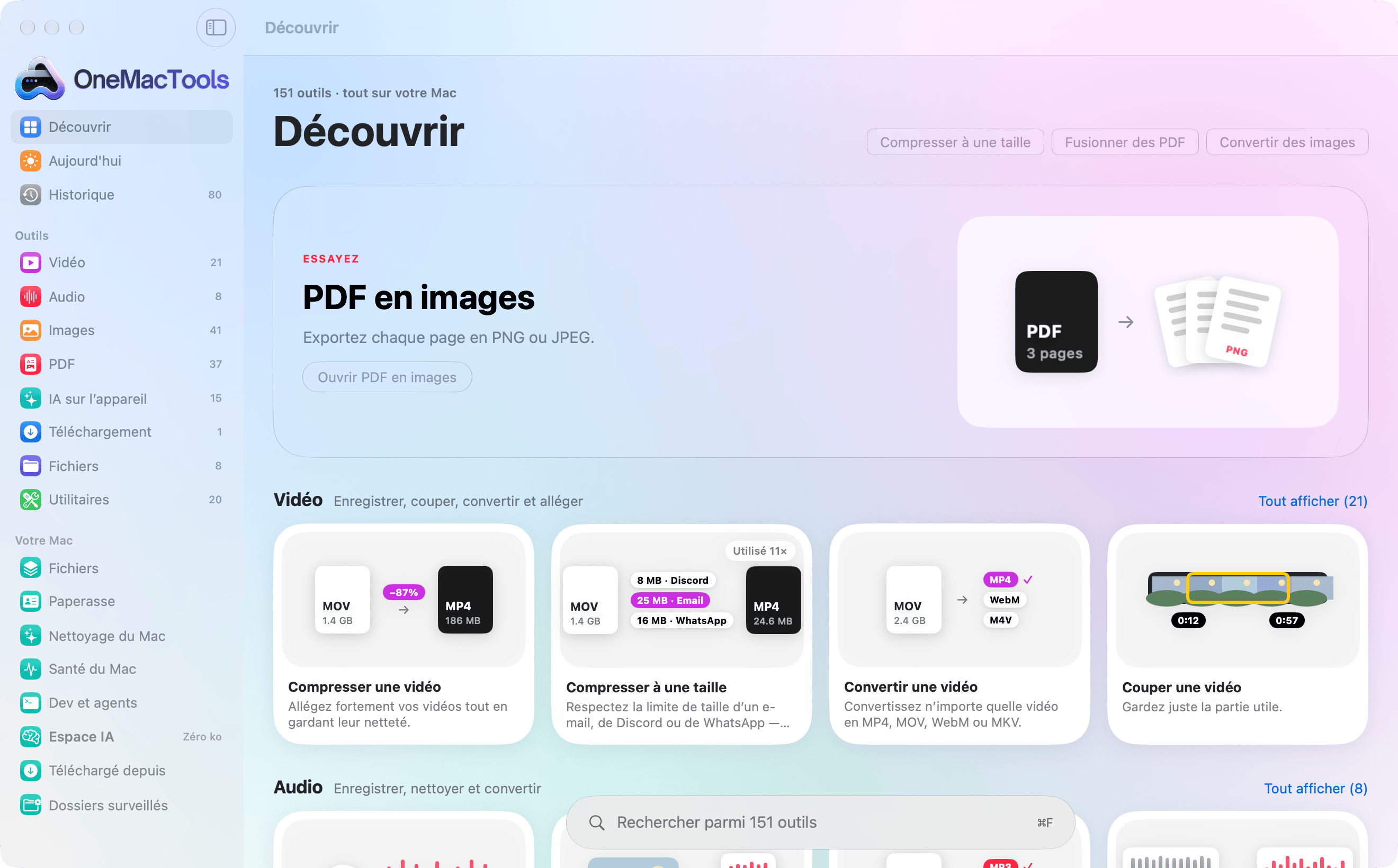 OneMacTools en Liquid Glass : une barre latérale de catégories, un outil à la une et les premiers outils de chaque catégorie en cartes illustrées