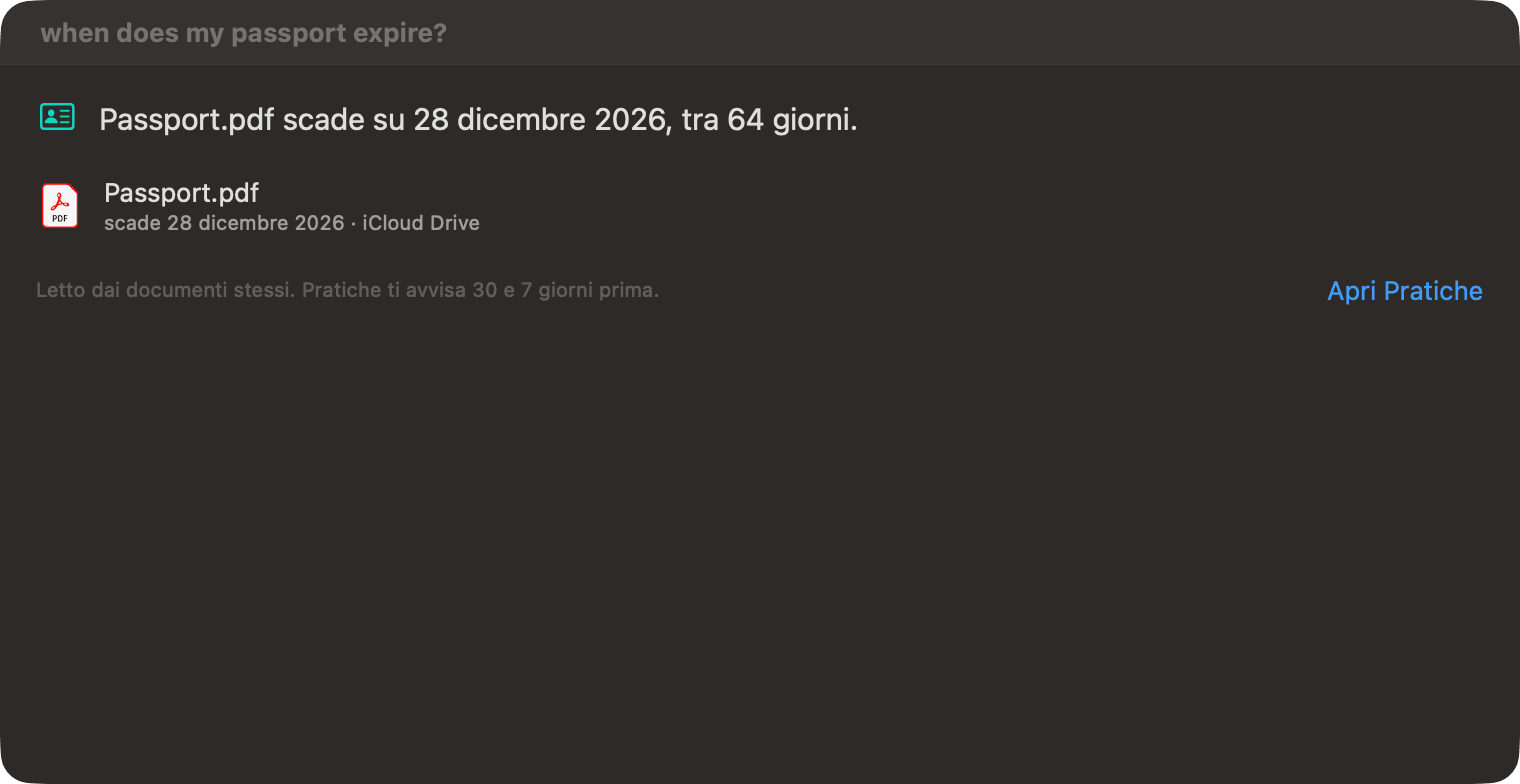 Chiedi di OneMacTools che risponde a quando scade il mio passaporto: Passport.pdf scade il 26 dicembre 2026, tra 64 giorni