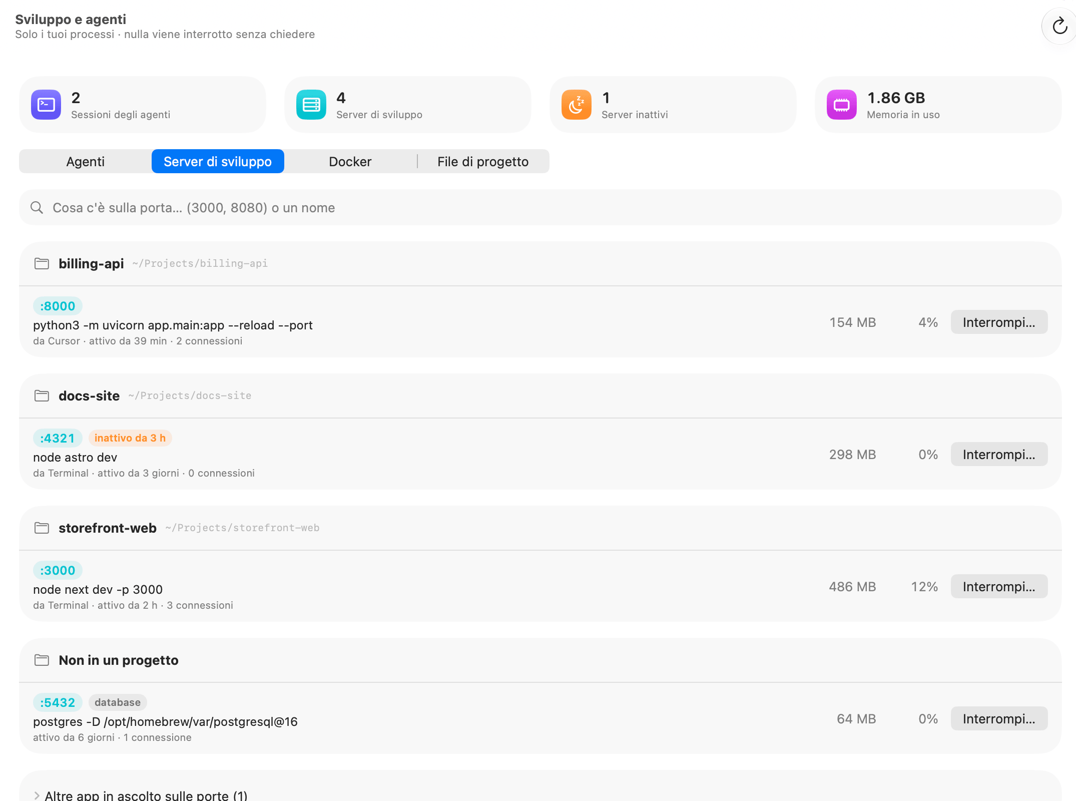 Sviluppo e agenti di OneMacTools: server di sviluppo raggruppati per progetto con le loro porte, un server Astro inattivo segnalato, un database Postgres e pulsanti Interrompi
