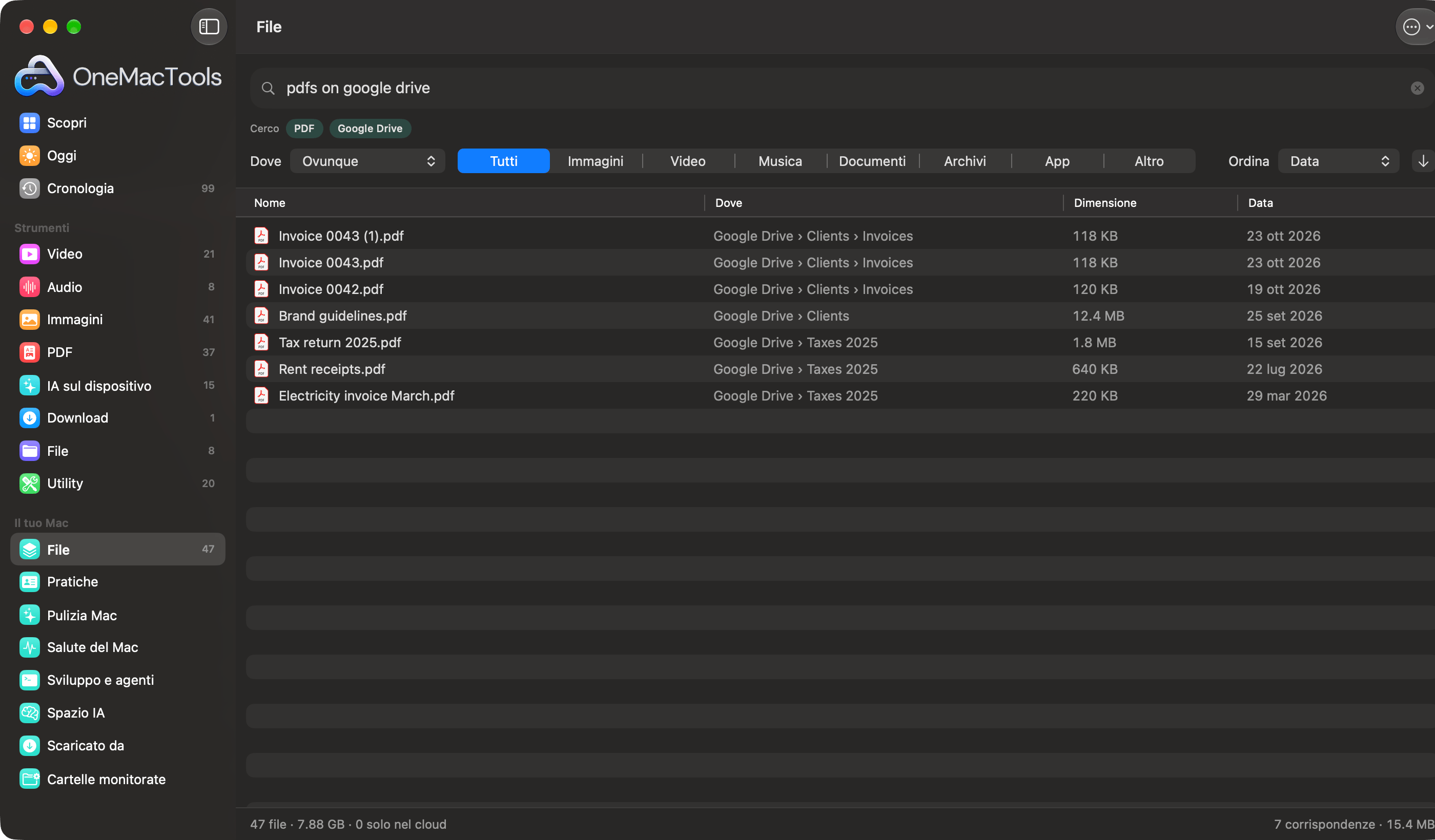 File di OneMacTools che cerca “pdf su google drive”, interpretato come i filtri PDF e Google Drive