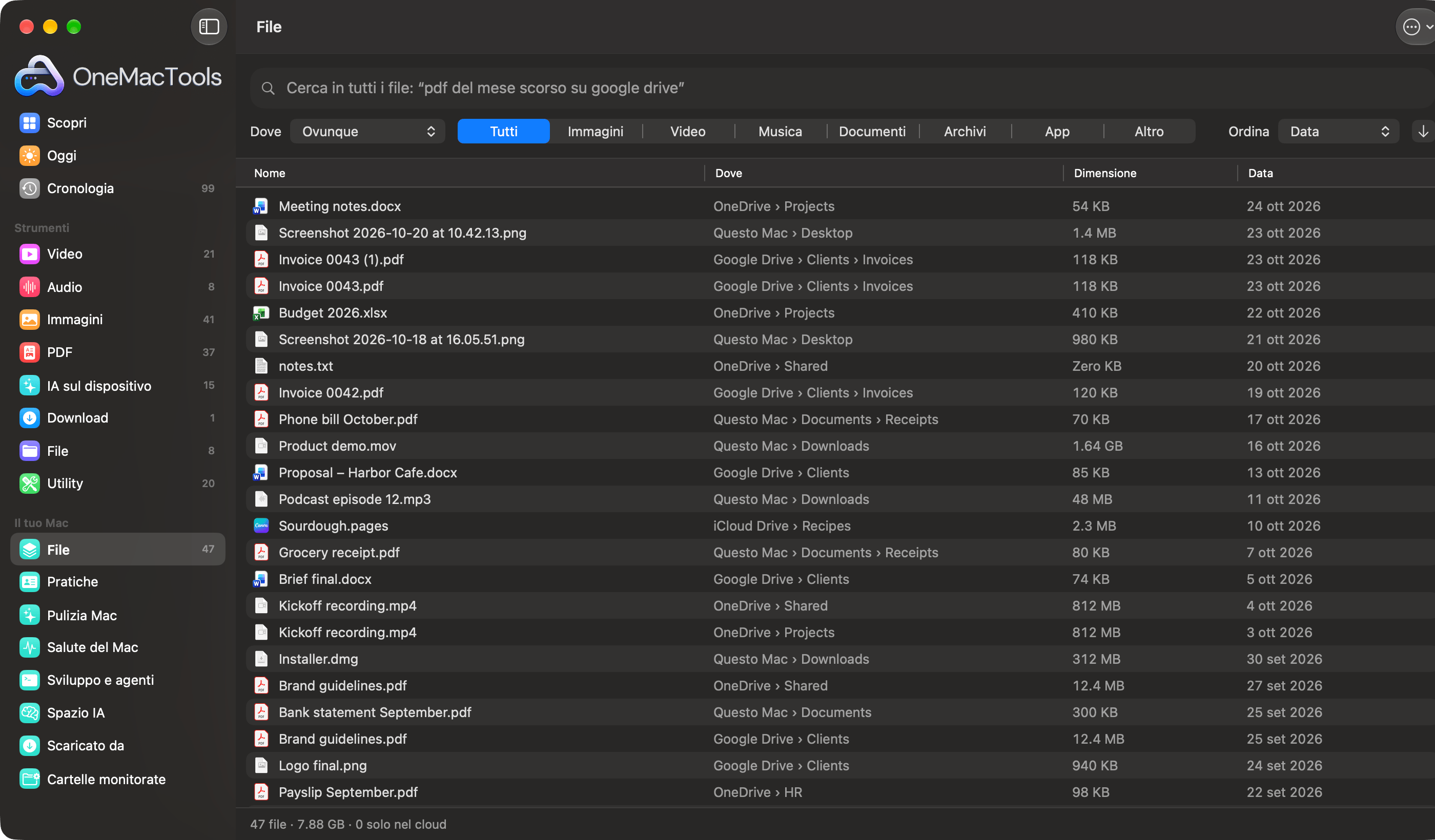 File di OneMacTools con tutti i file di Google Drive, OneDrive, iCloud Drive e del Mac in un unico elenco, con la posizione di ognuno