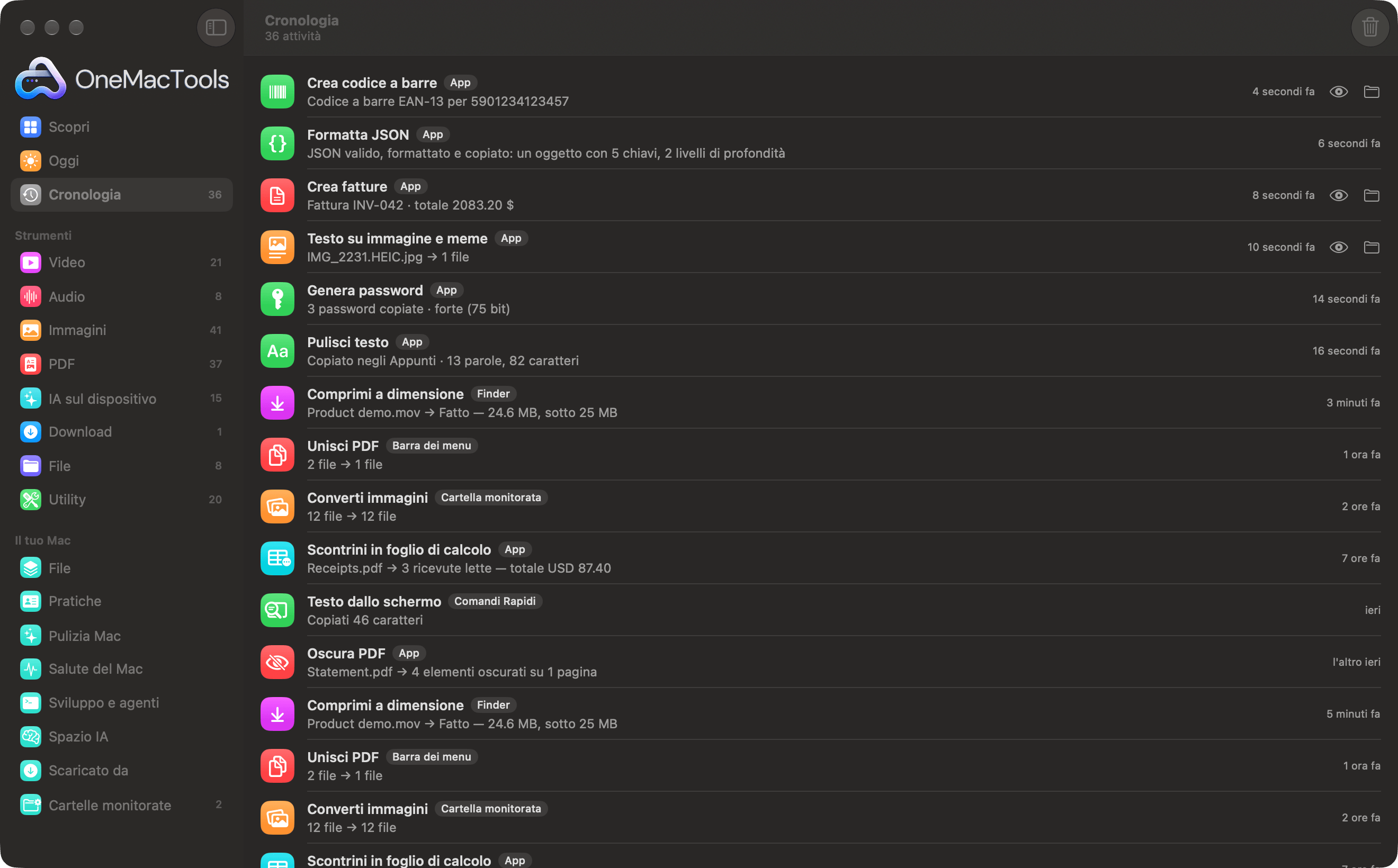 Cronologia di OneMacTools con i lavori avviati dal Finder, dalla barra dei menu, da Cartelle monitorate e da Comandi Rapidi