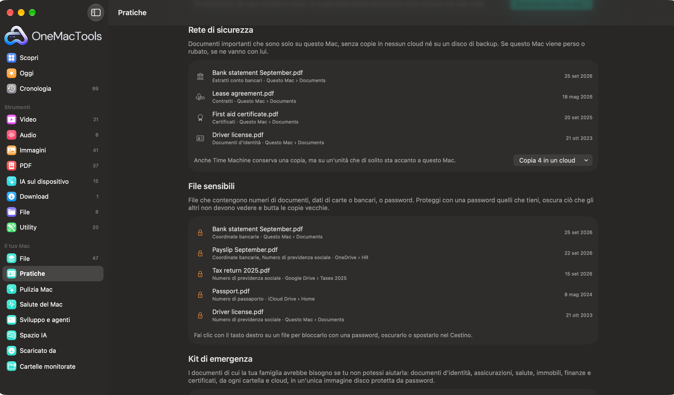 Rete di sicurezza di Pratiche in OneMacTools con i documenti conservati solo su questo Mac e i file sensibili con numeri di documenti d'identità o di conto