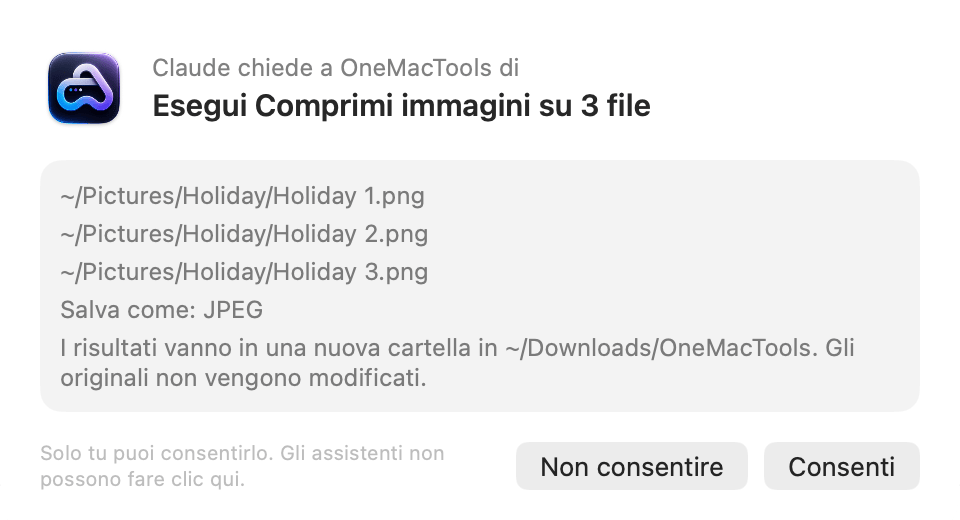 Richiesta di OneMacTools: Claude chiede a OneMacTools di eseguire Comprimi immagini su 3 file, con i pulsanti Non consentire e Consenti