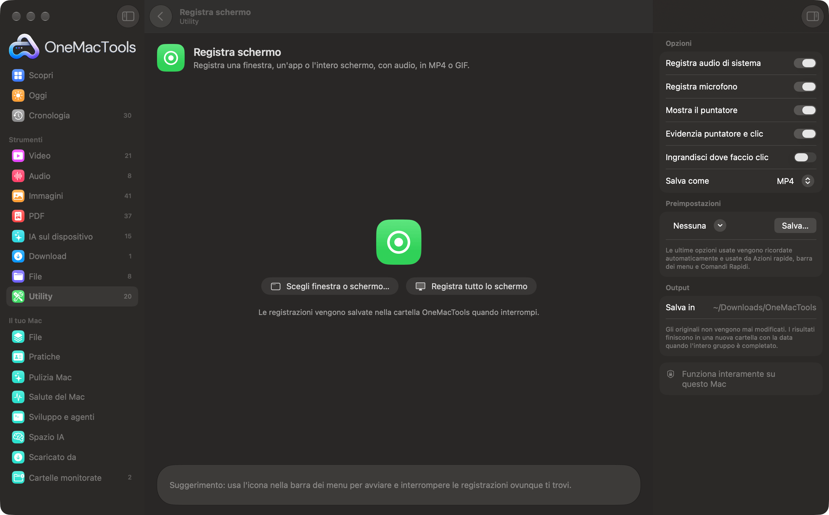 Registra schermo di OneMacTools pronto a registrare una finestra o l'intero schermo