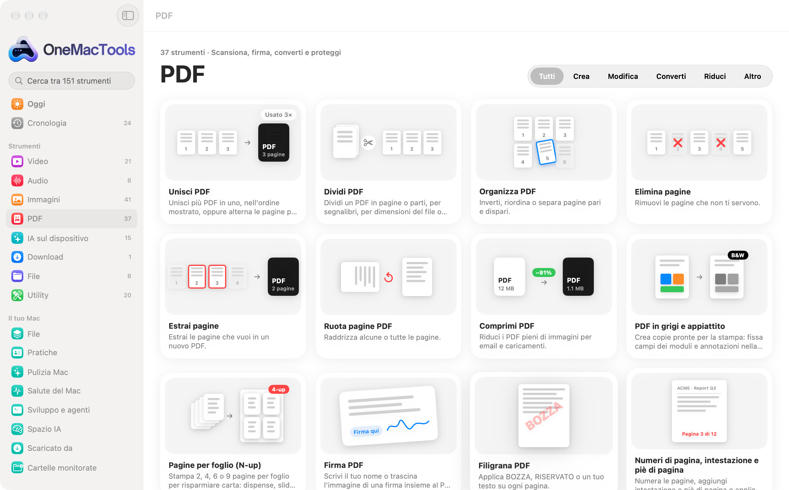 OneMacTools nello stile Classico: la categoria Video come schede illustrate su sfondo semplice