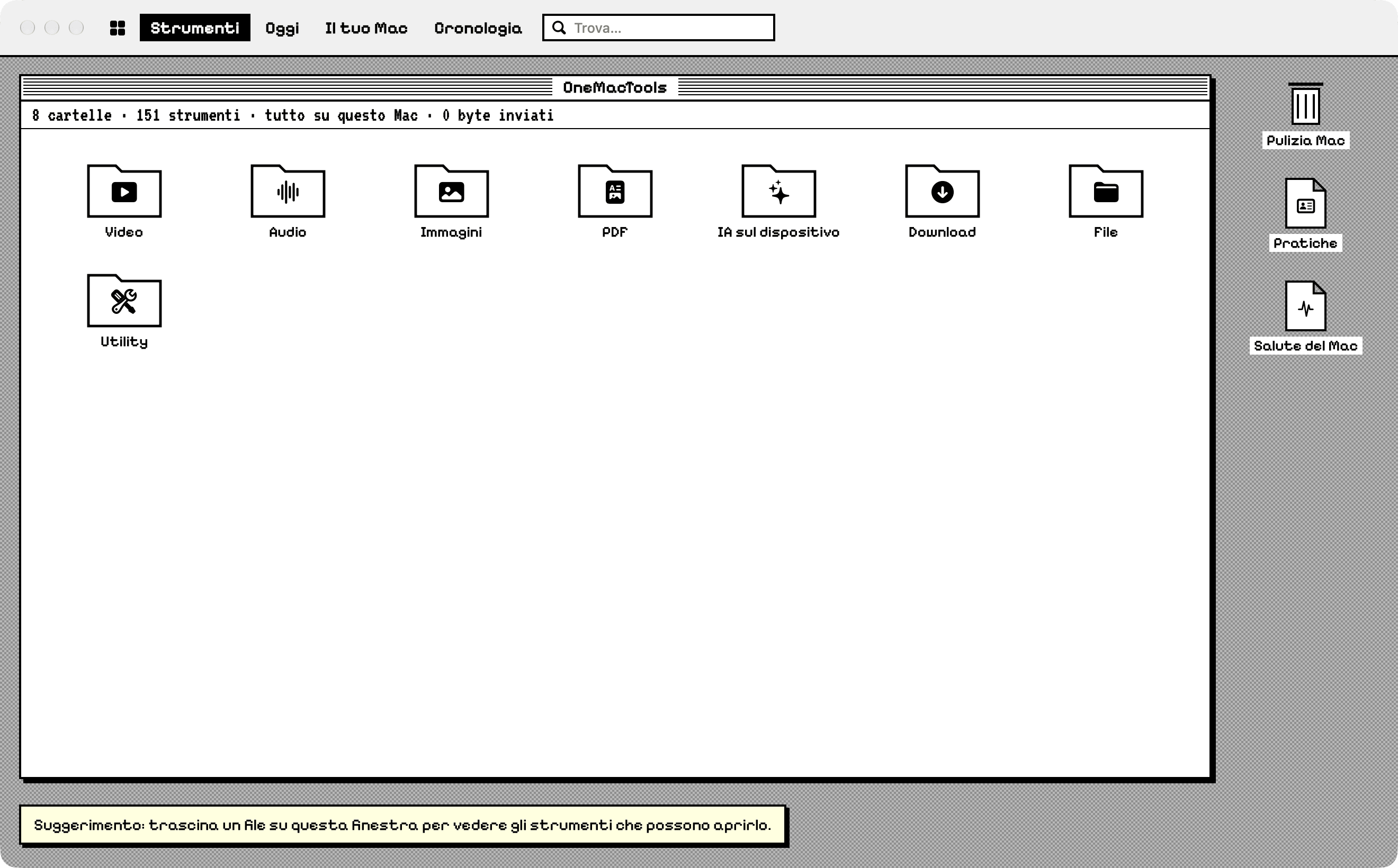 OneMacTools nello stile Retrò: una scrivania in bianco e nero con una finestra di cartelle di categorie