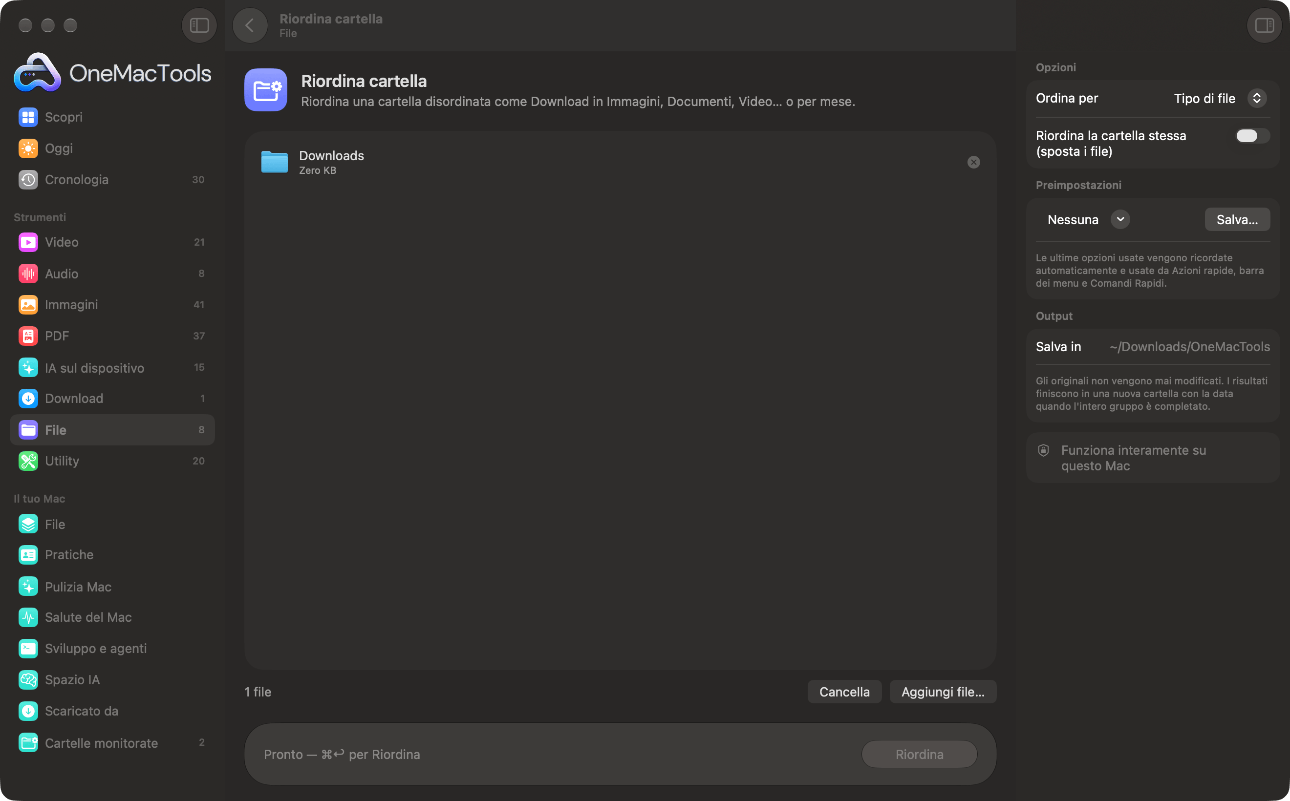 Riordina cartella di OneMacTools con una cartella Download