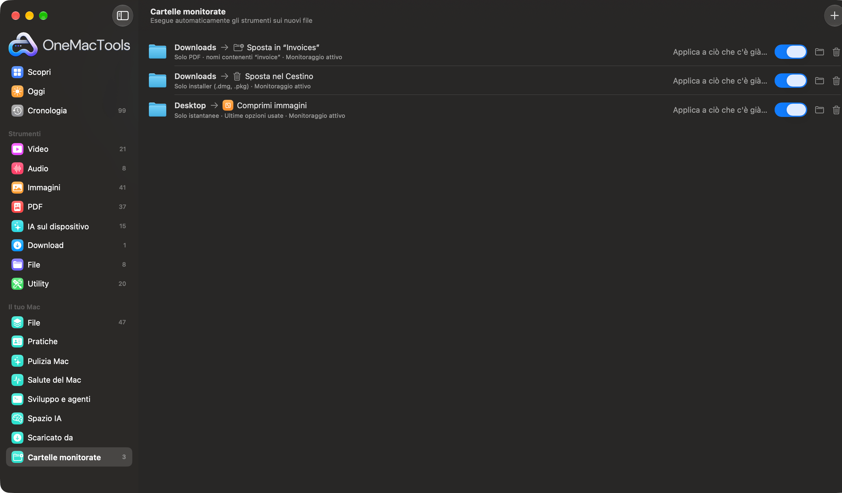 Cartelle monitorate di OneMacTools con tre regole: sposta le fatture in una cartella, metti nel Cestino i vecchi installer, comprimi gli screenshot
