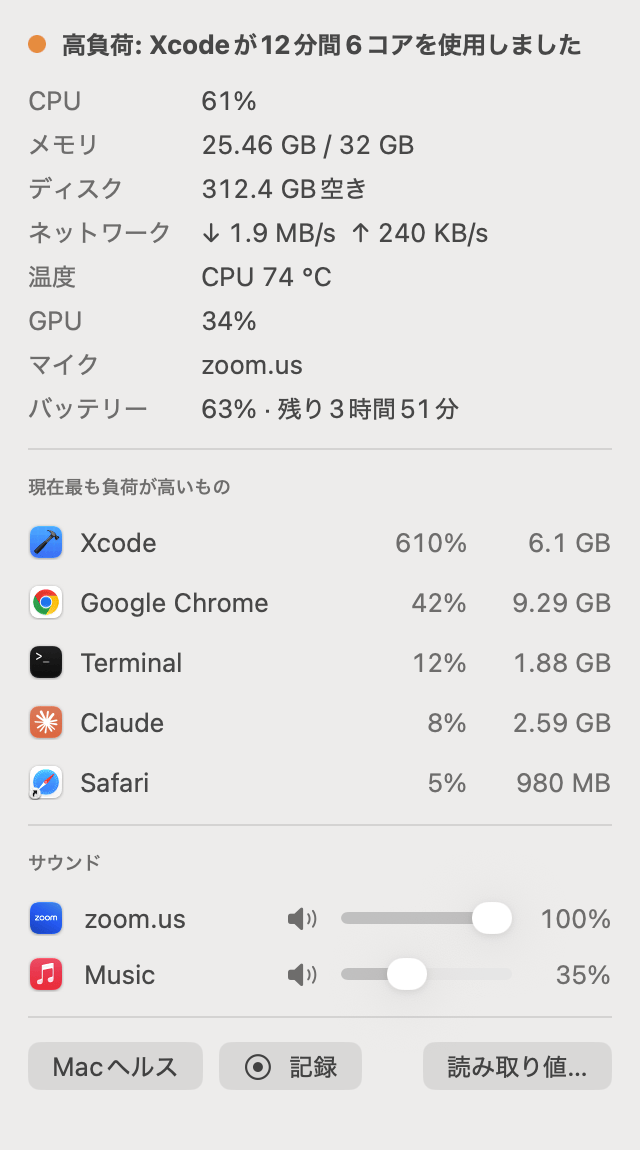 Macヘルスのメニューバーのドロップダウン:CPU、メモリ、ディスク、ネットワーク、温度、GPU、マイク、バッテリー、最も負荷の高い5つのアプリ、「録音」、サウンドを再生中の各アプリの音量スライダー