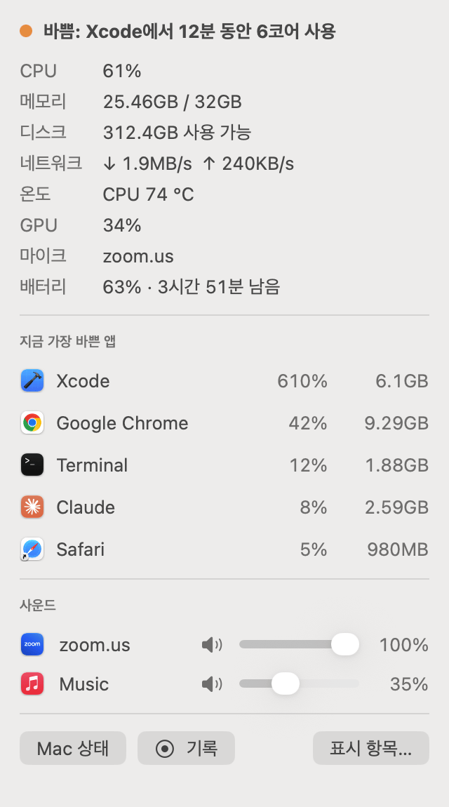 CPU, 메모리, 디스크, 네트워크, 온도, GPU, 마이크, 배터리, 가장 바쁜 앱 다섯 개, 녹화, 소리를 내는 앱마다 음량 슬라이더가 있는 Mac 상태 메뉴 막대 드롭다운