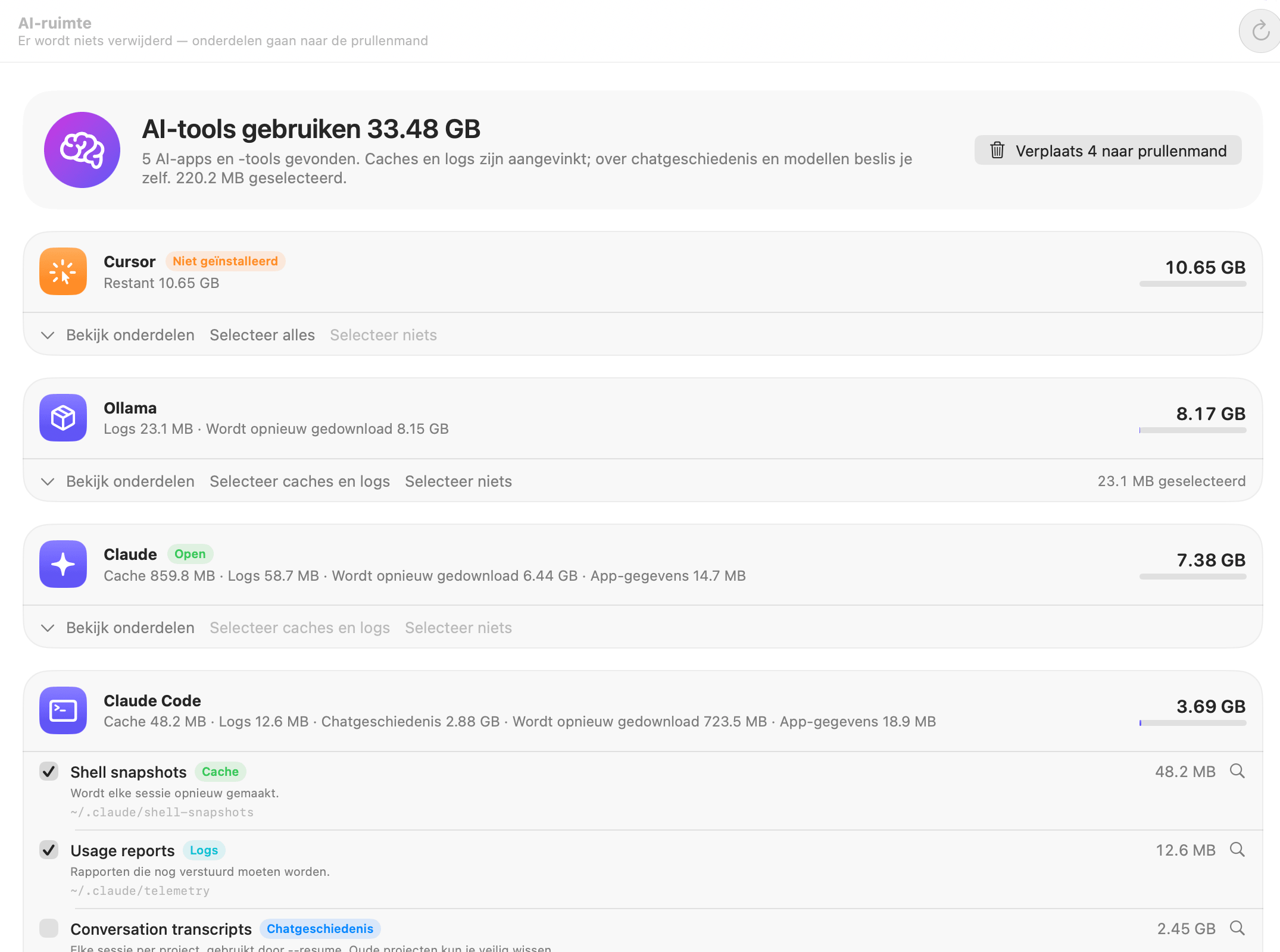 OneMacTools AI-ruimte met Cursor (niet geïnstalleerd), Ollama, Claude en Claude Code, met hun caches, logs, chatgeschiedenis en modellen; caches en logs aangevinkt