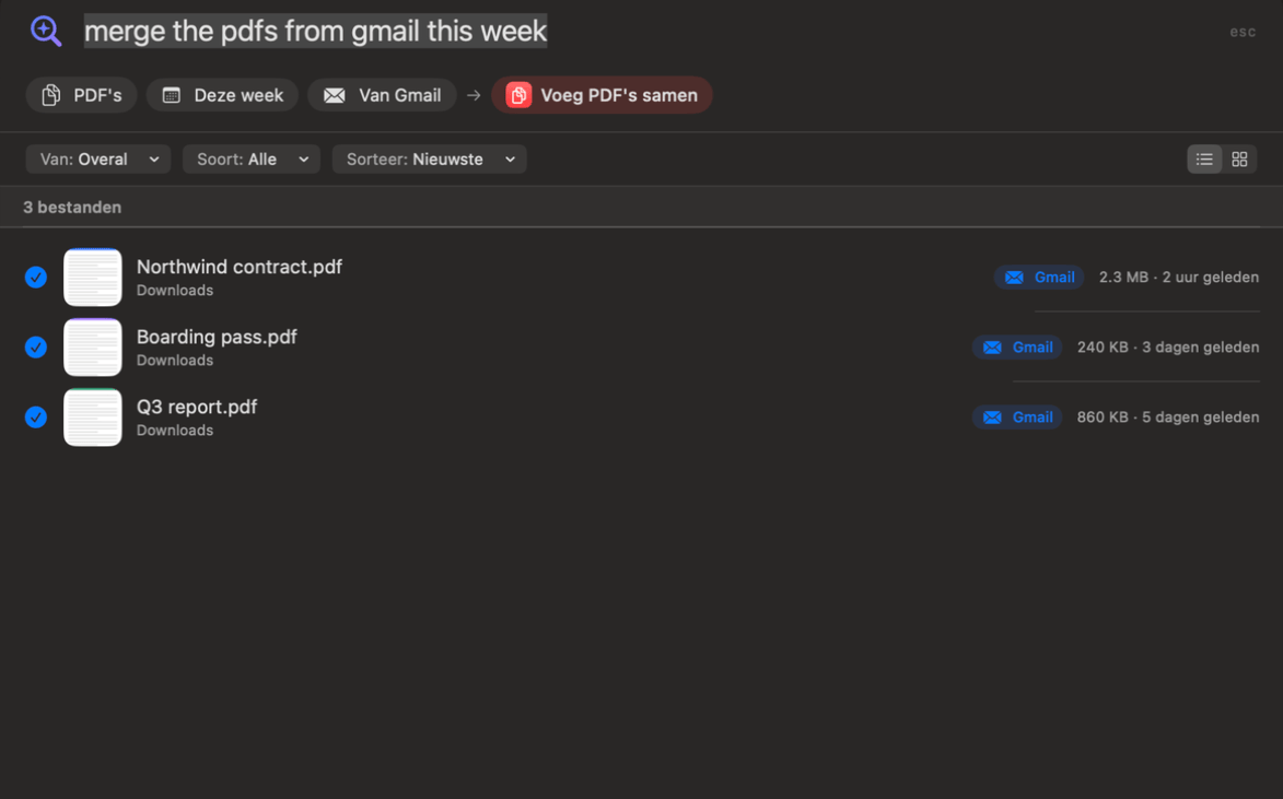 Het Vraag-paneel van OneMacTools maakt van “voeg de pdf's van gmail van deze week samen” de chips PDF's, Deze week en Van Gmail, met Voeg PDF's samen klaar voor drie bestanden