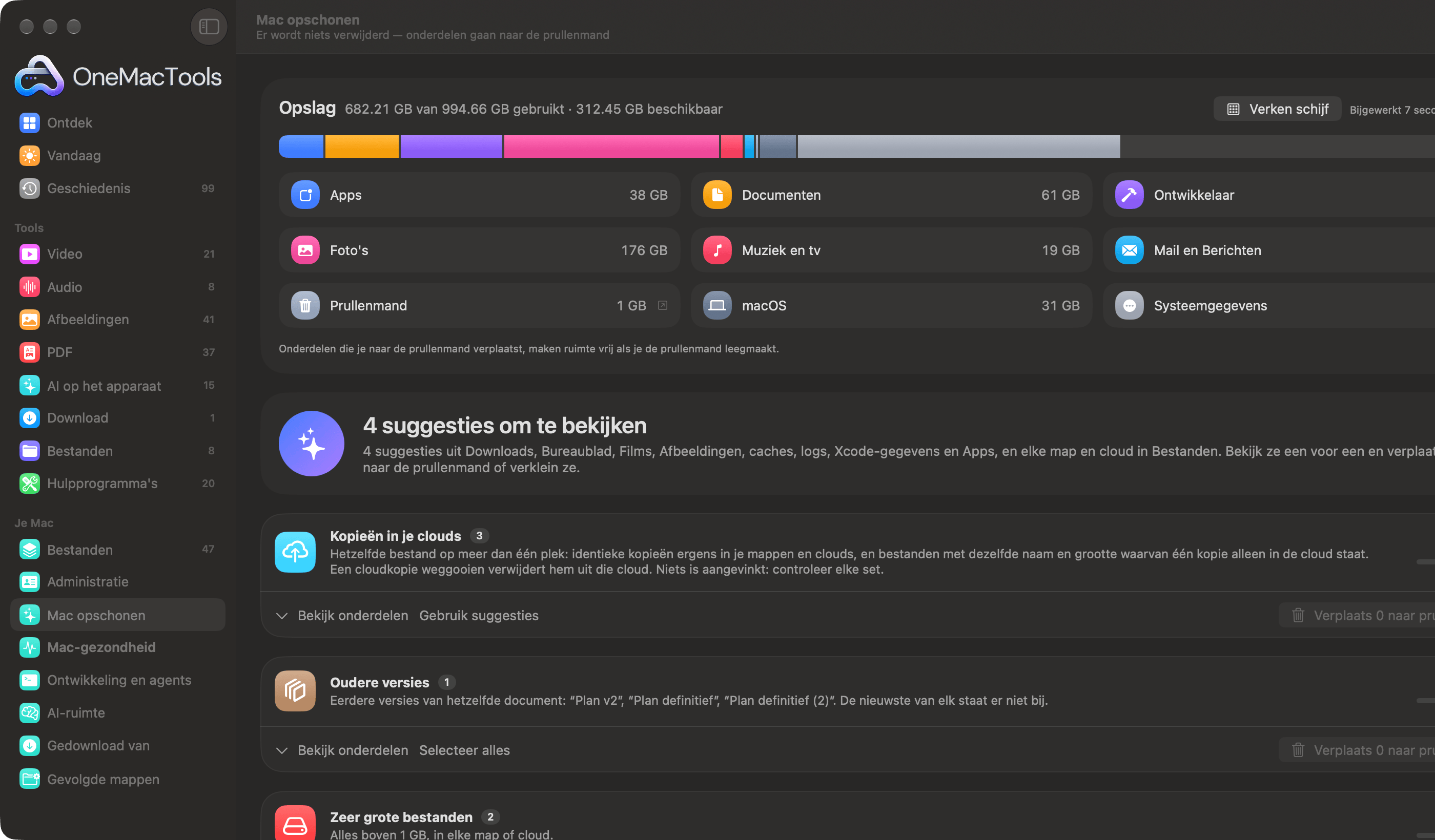 OneMacTools Mac opschonen met kopieën verspreid over clouds, oudere versies en heel grote bestanden