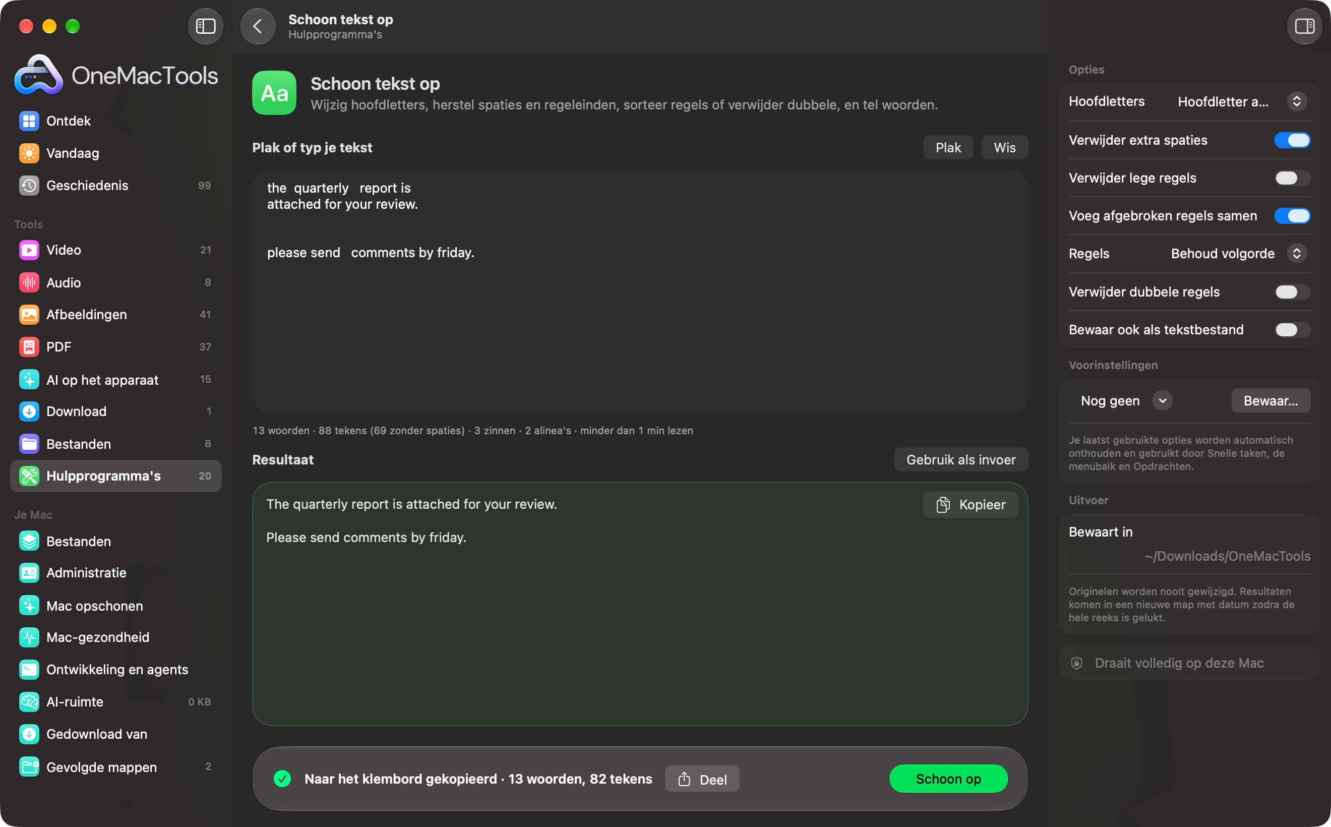 OneMacTools Schoon tekst op maakt van rommelige geplakte tekst nette zinnen, met een live woordentelling