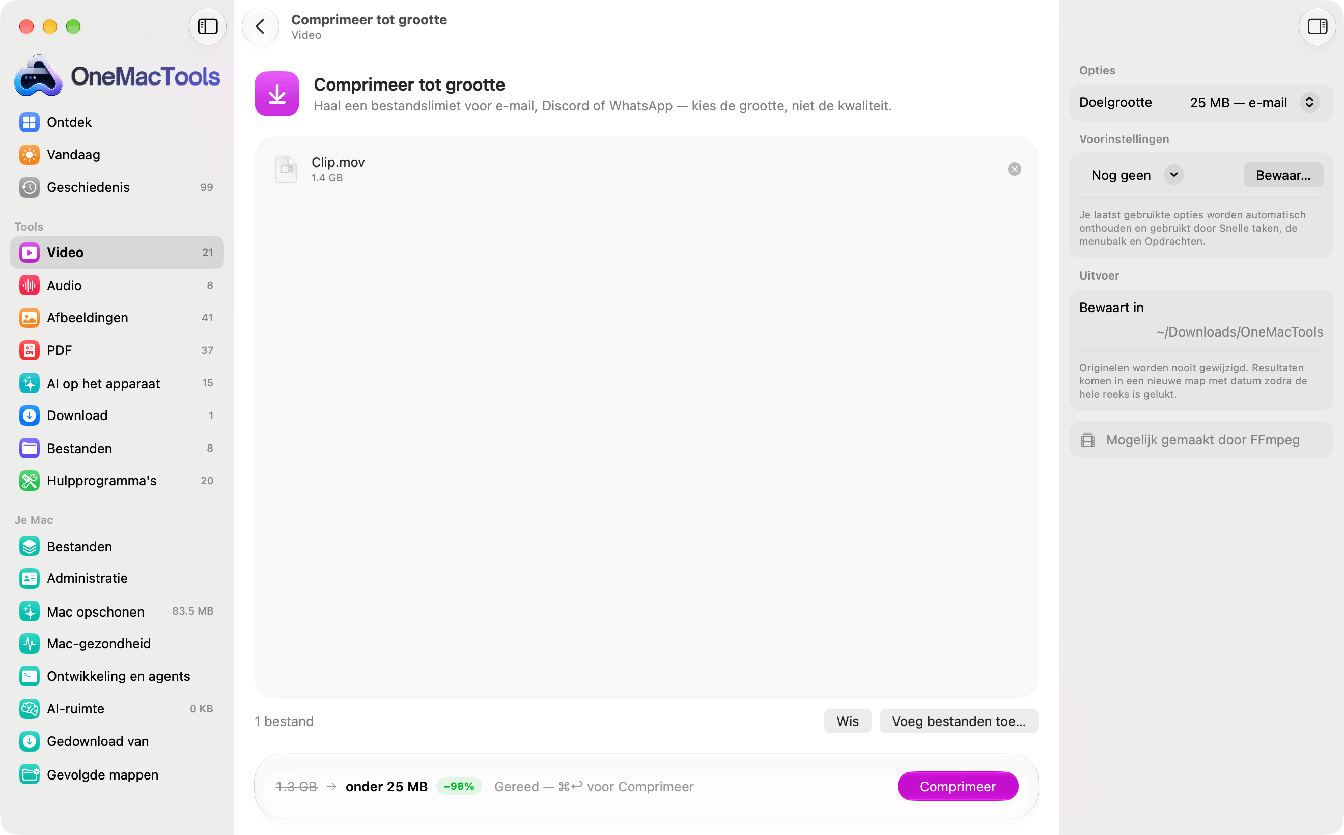 Comprimeer tot grootte met een video van 1,4 GB geladen, die vóór het starten laat zien dat hij onder 25 MB uitkomt, 98% kleiner