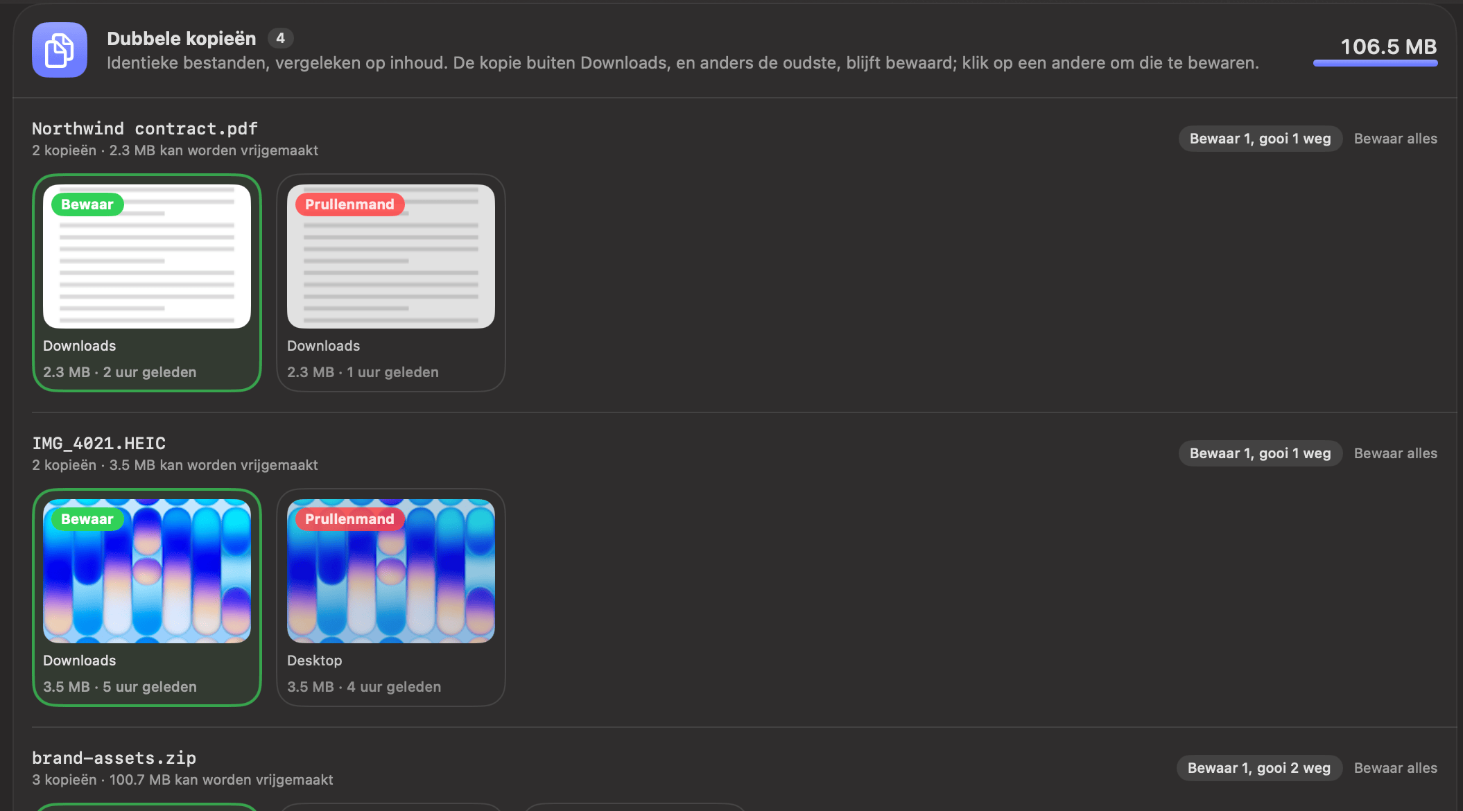 Duplicatencontrole in OneMacTools: elke set identieke bestanden als miniaturen met het label Behoud of Prullenmand