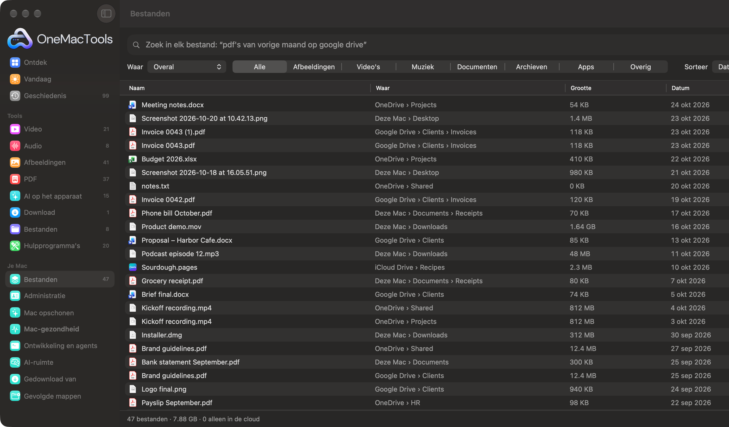 OneMacTools Bestanden toont elk bestand uit Google Drive, OneDrive, iCloud Drive en de Mac in één lijst, met waar elk bestand staat