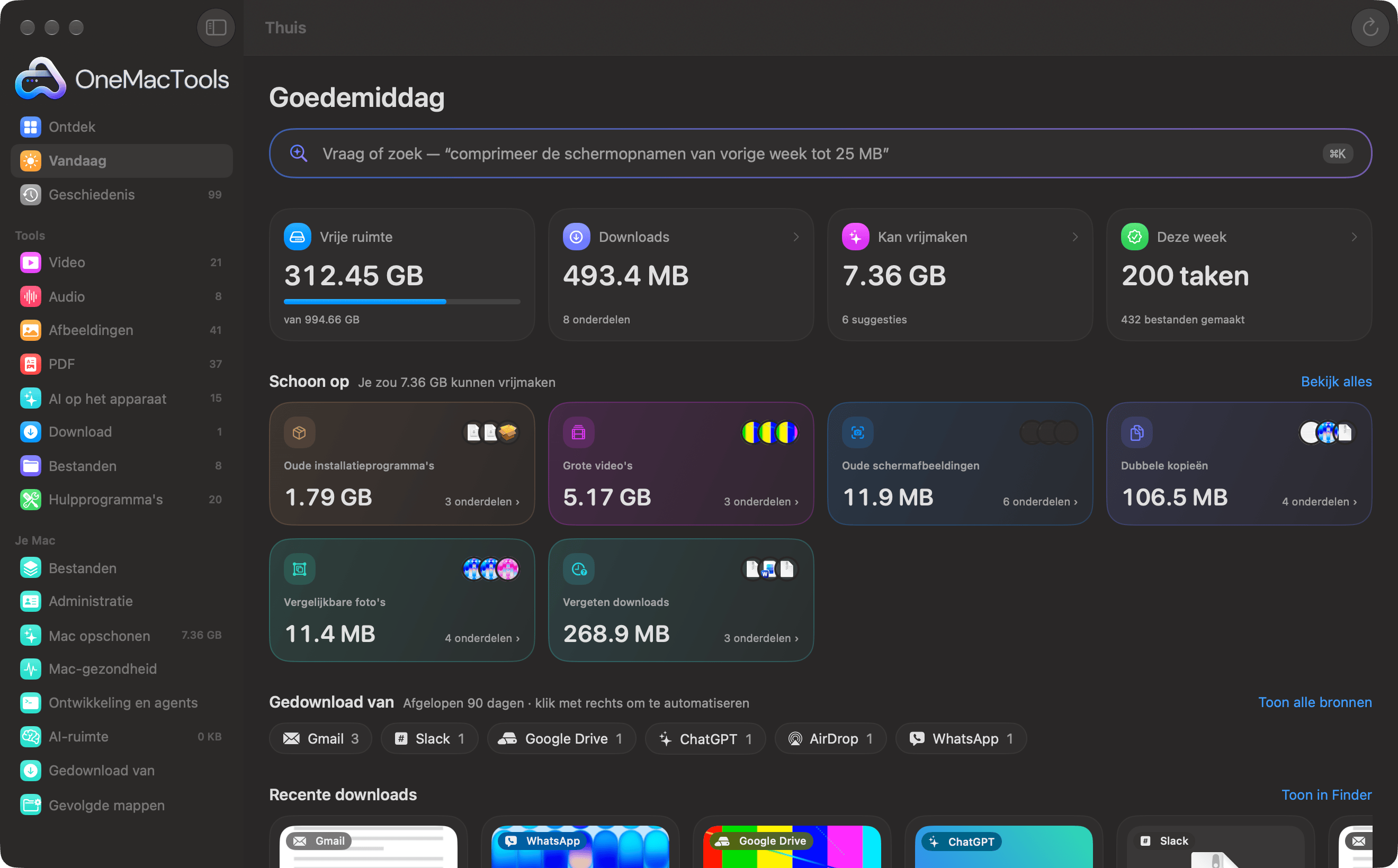 OneMacTools Thuis: vrije ruimte, Downloads, opschoonkaarten voor installatieprogramma's, grote video's, schermafbeeldingen, duplicaten en vergelijkbare foto's, en downloads gegroepeerd per bron