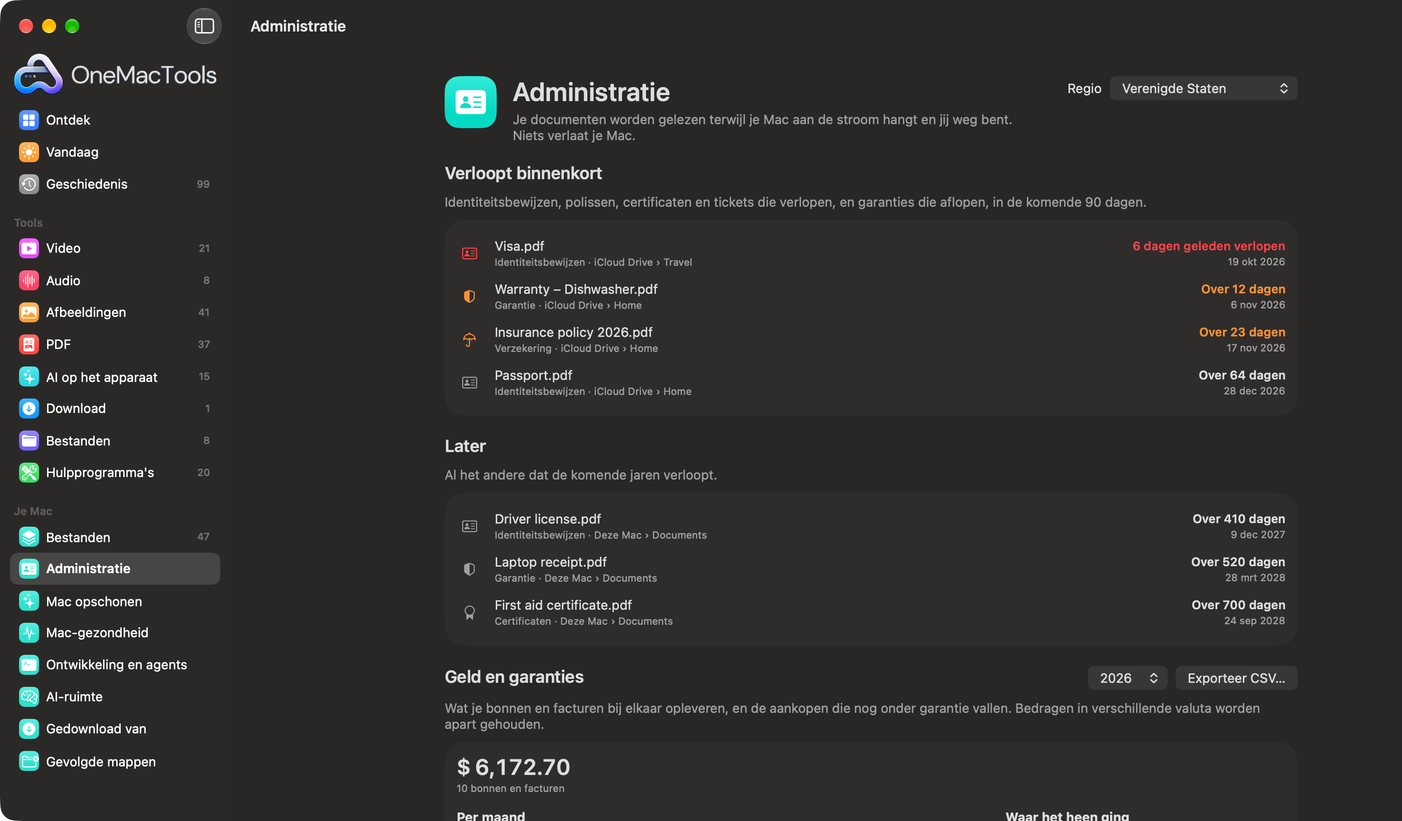 OneMacTools Administratie met een verlopen visum, een garantie op een vaatwasser, een verzekeringspolis en een paspoort die binnenkort verlopen
