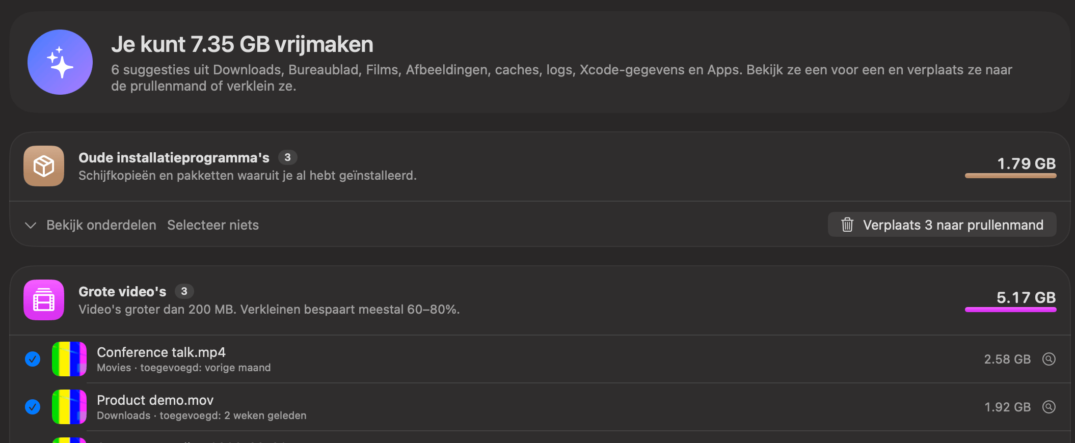 OneMacTools Mac opschonen met oude installatieprogramma's, grote video's, oude schermafbeeldingen en duplicaten, met Verklein in plaats daarvan en Verplaats naar prullenmand