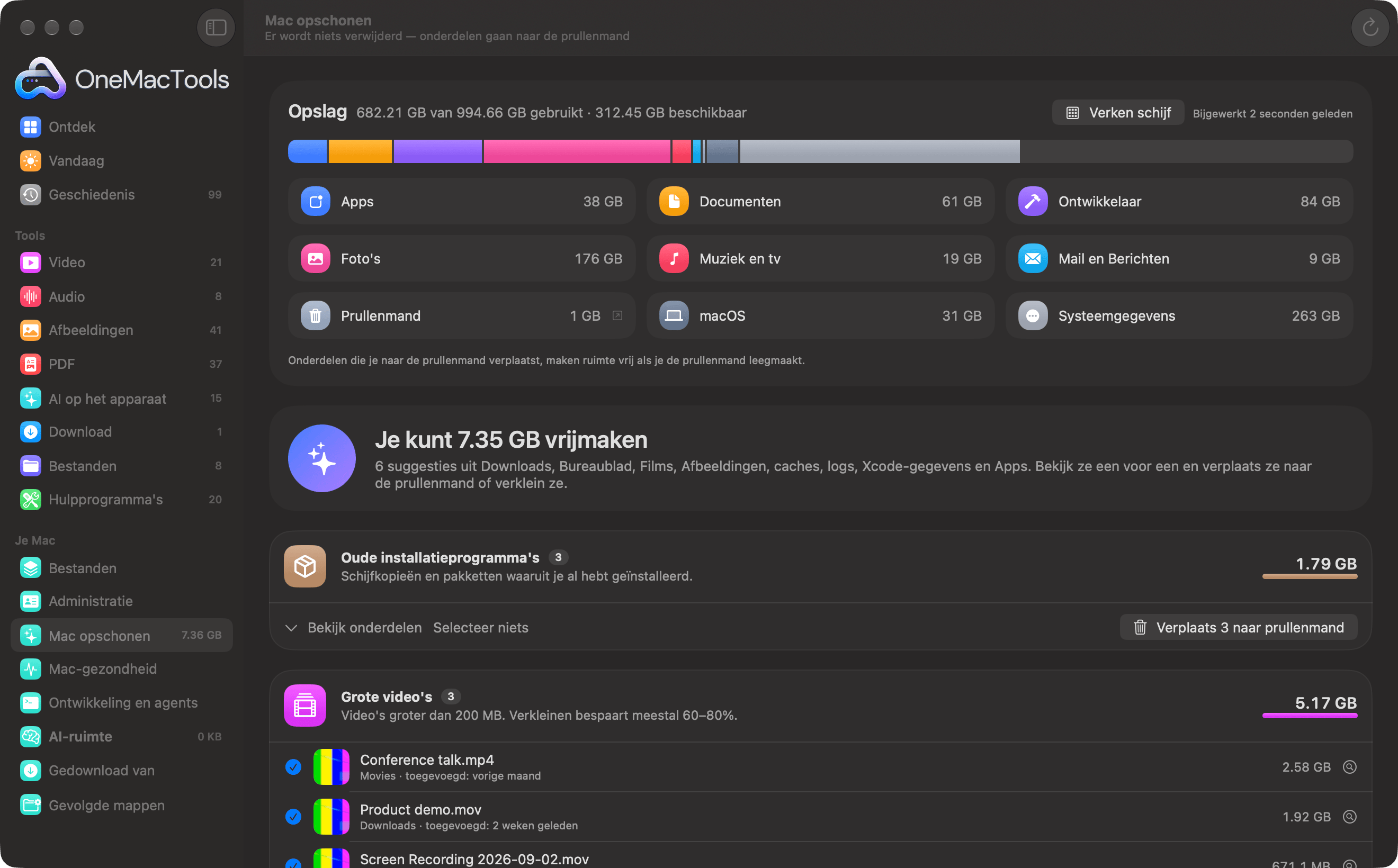 OneMacTools Mac opschonen met oude installatieprogramma's, grote video's, oude schermafbeeldingen en duplicaten, met Verklein in plaats daarvan en Verplaats naar prullenmand