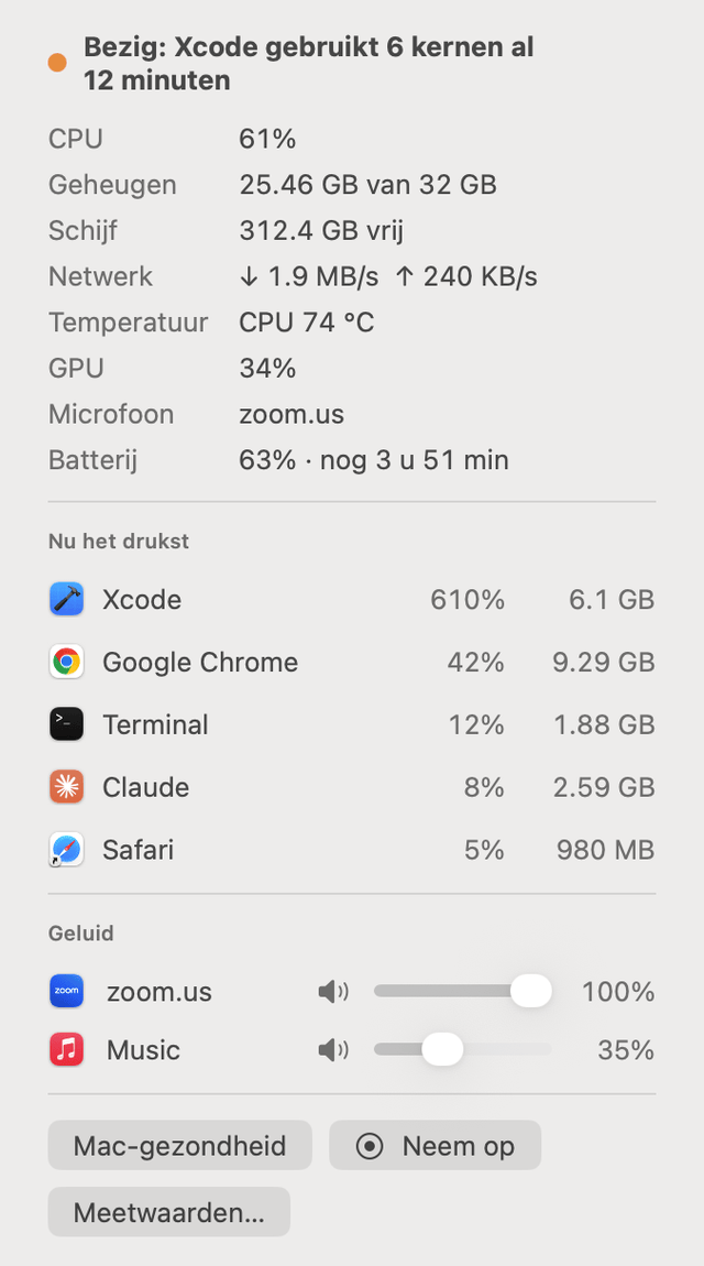 Menubalkmenu van Mac-gezondheid met CPU, geheugen, schijf, netwerk, temperatuur, GPU, microfoon en batterij, de vijf drukste apps, Neem op en een volumeschuifregelaar voor elke app die geluid afspeelt