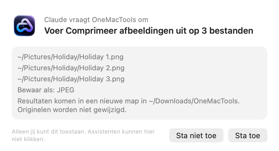 OneMacTools vraagt: Claude vraagt OneMacTools om Comprimeer afbeeldingen uit te voeren op 3 bestanden, met de knoppen Sta niet toe en Sta toe