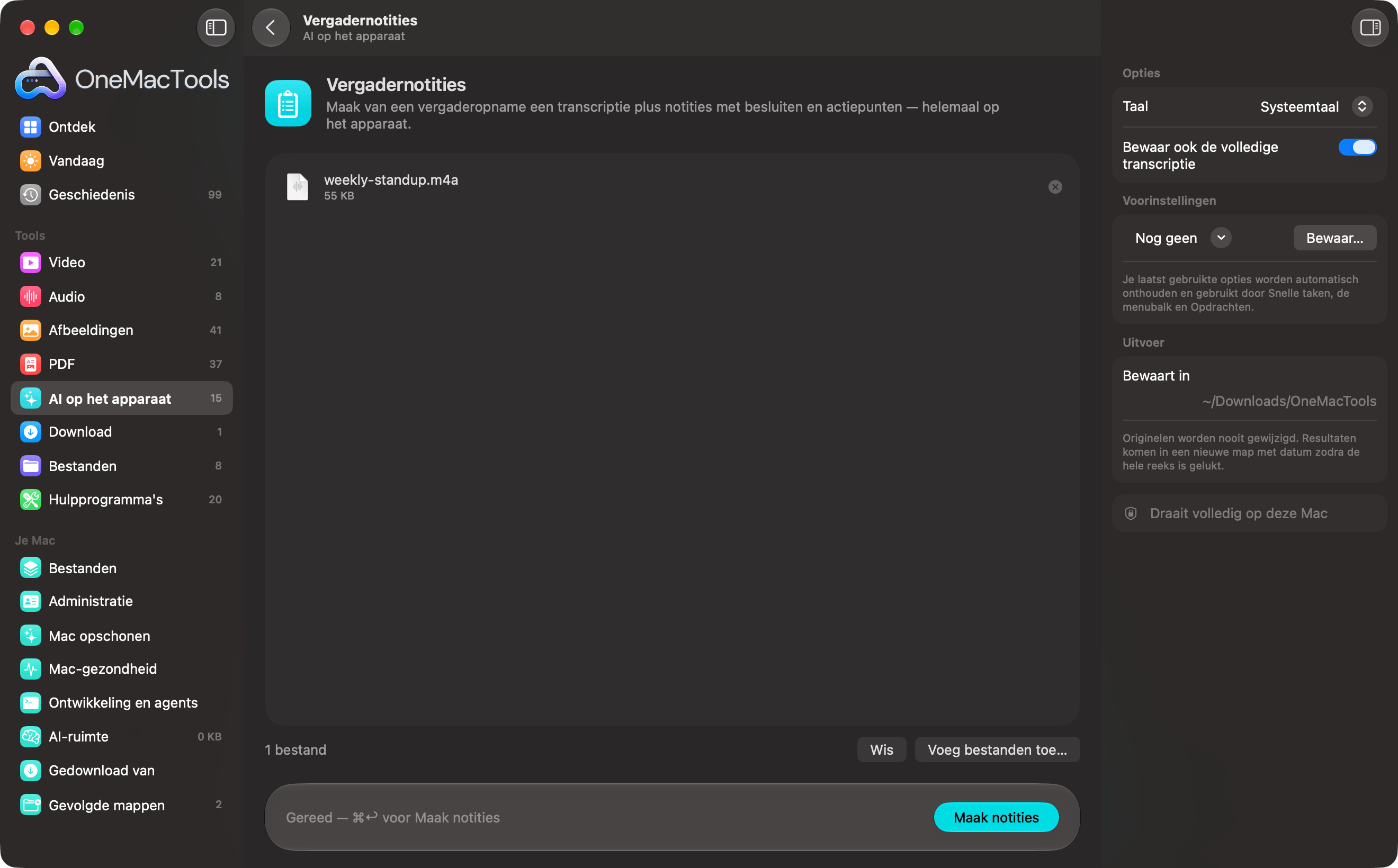 OneMacTools Vergadernotities met een geladen opname