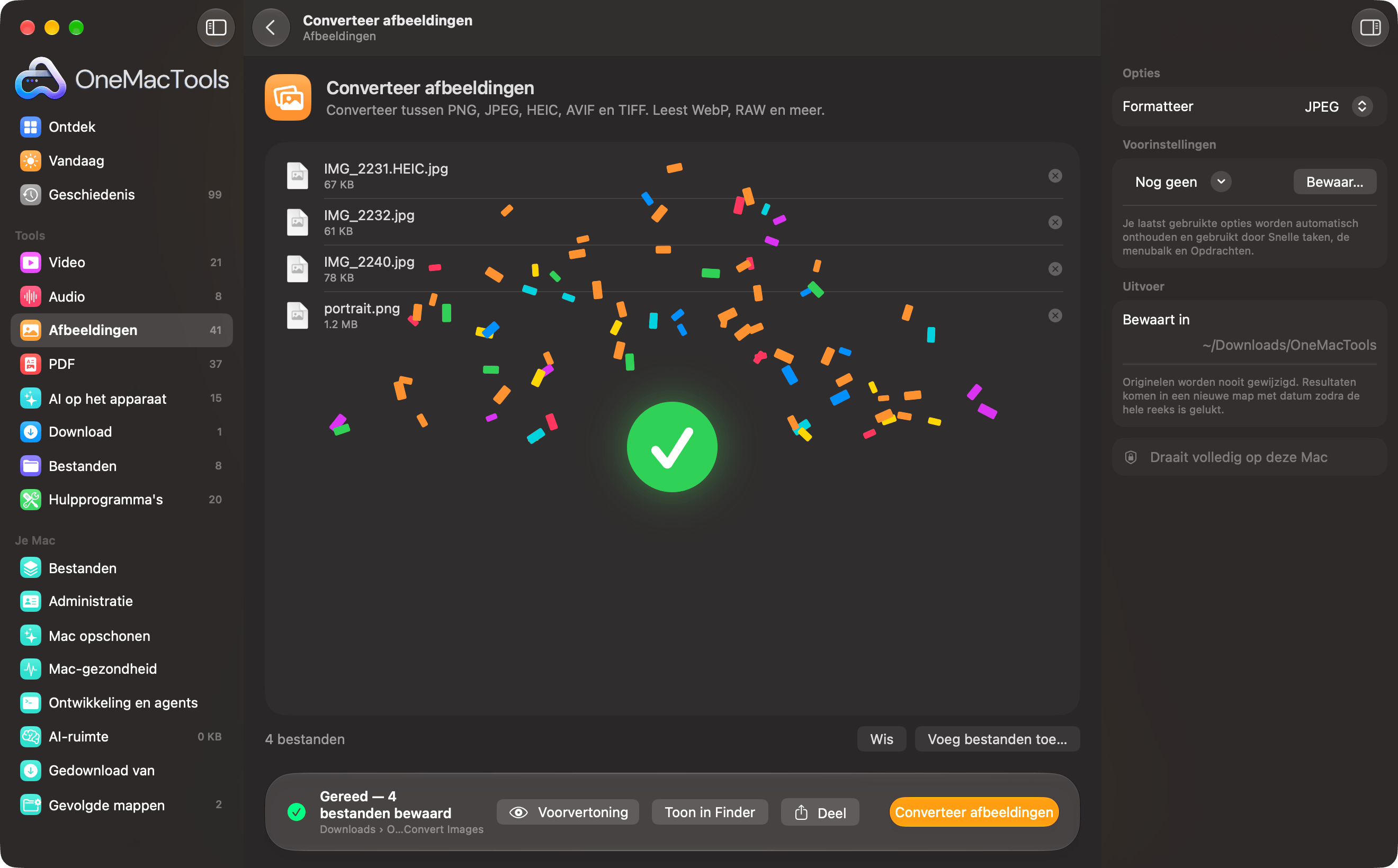 OneMacTools viert een voltooide reeks afbeeldingsconversies met confetti en een vinkje