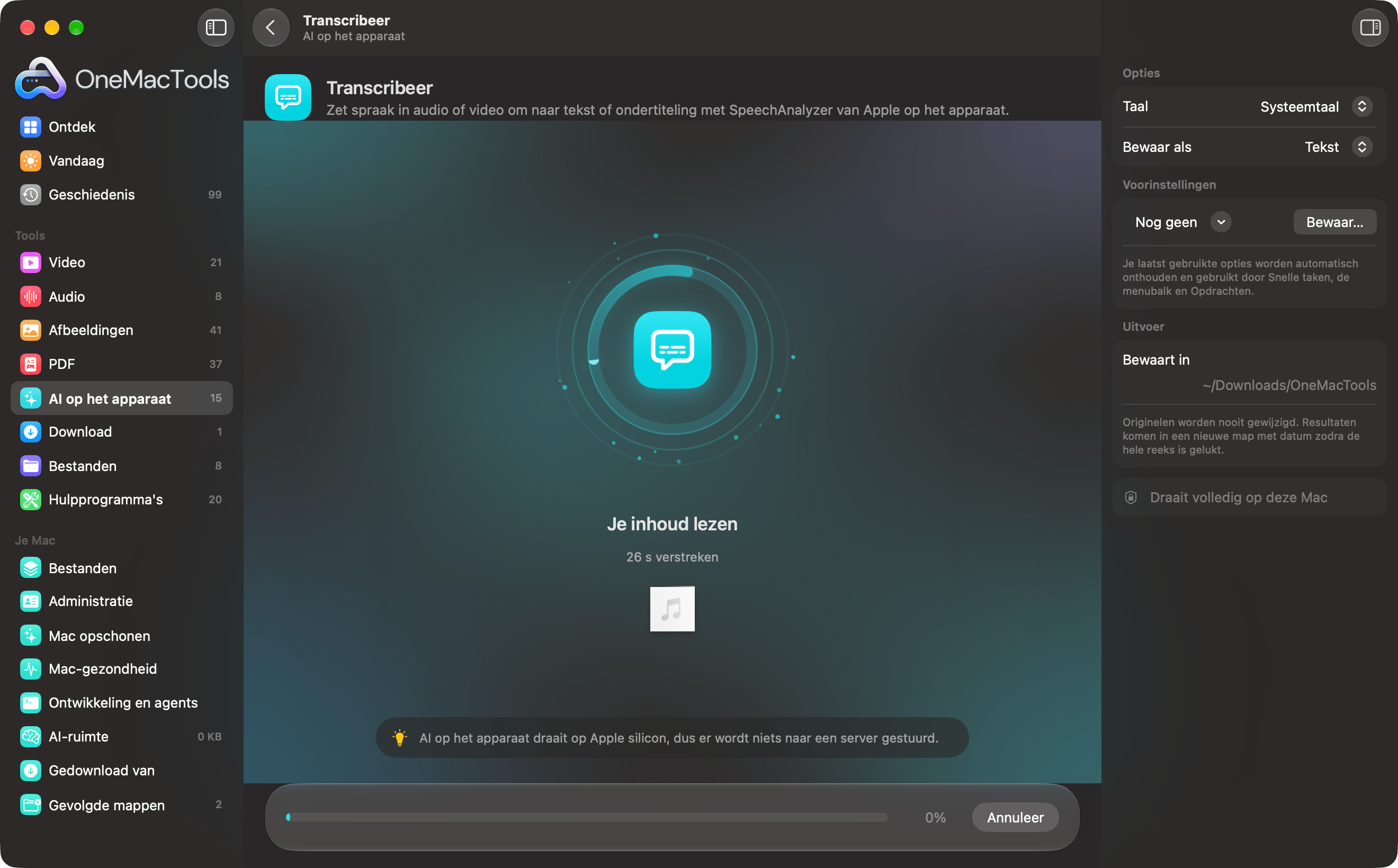 OneMacTools transcribeert een opname met AI op het apparaat