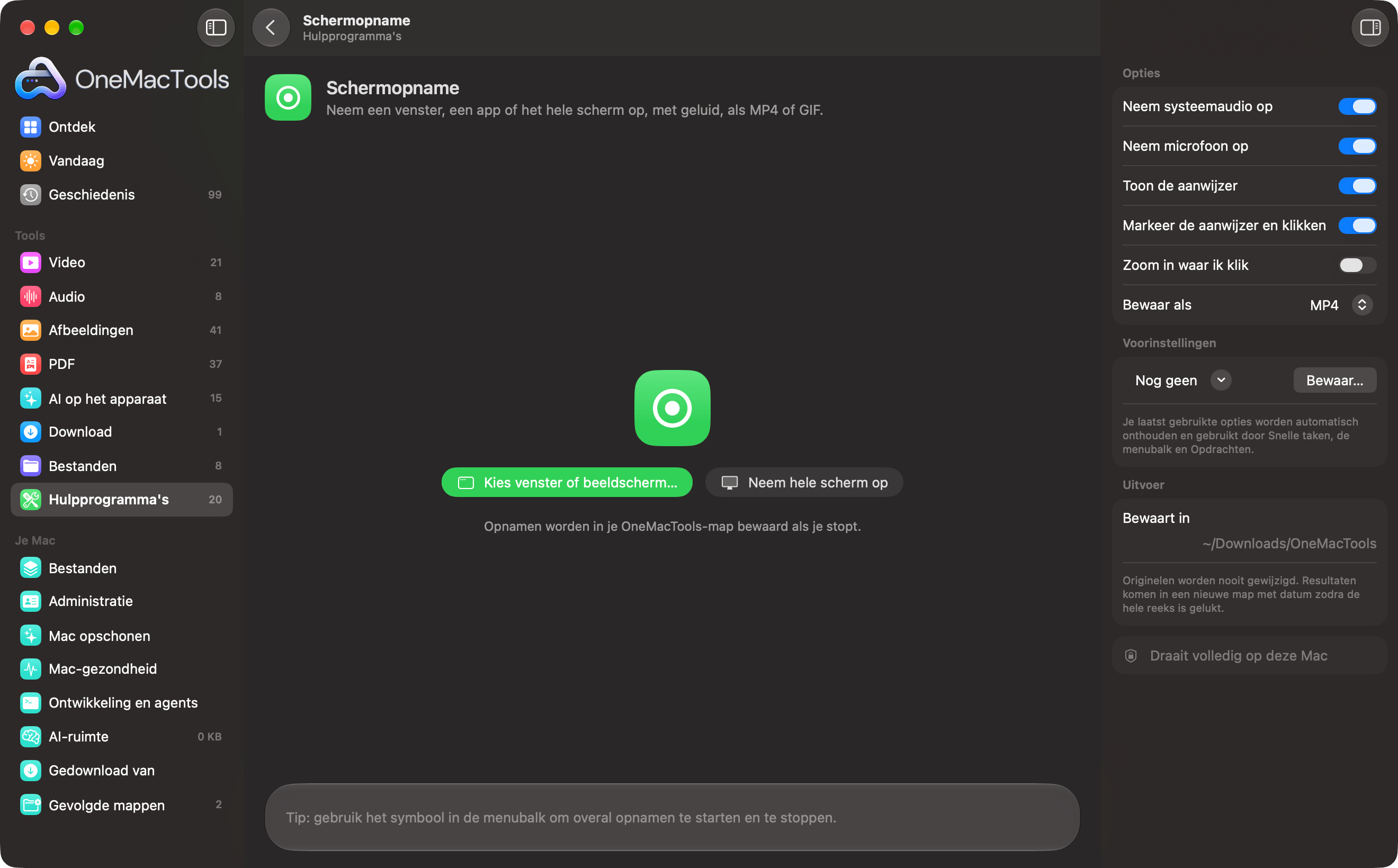 OneMacTools Schermopname, klaar om een venster of het hele scherm op te nemen