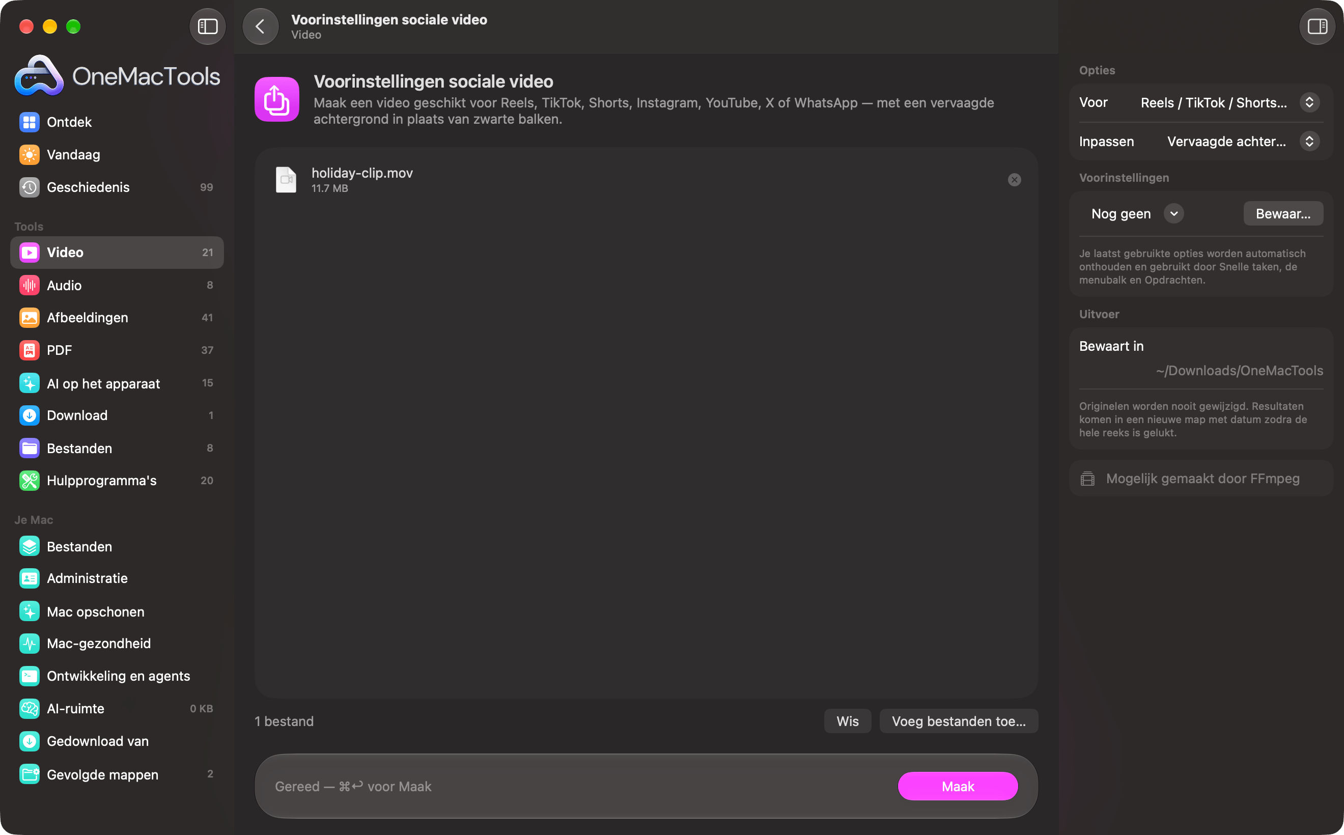 OneMacTools Voorinstellingen sociale video met een video klaar voor Reels