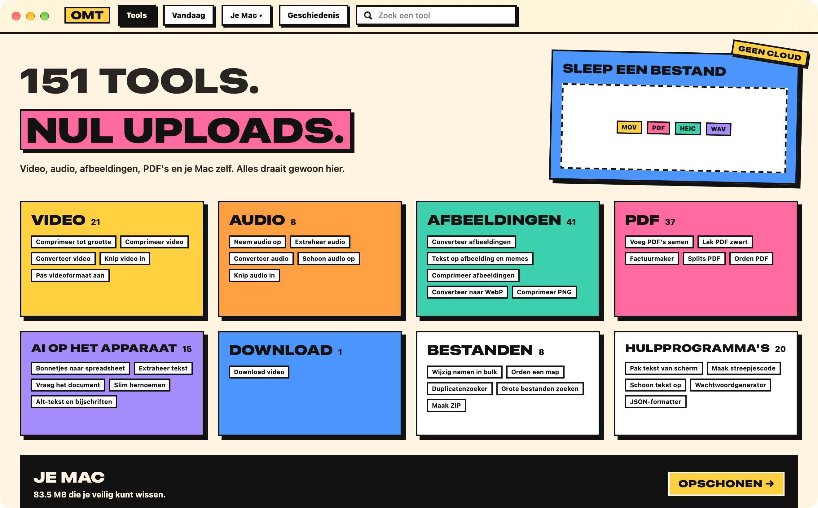 OneMacTools in de stijl Neo-brutaal: 151 TOOLS. ZERO UPLOADS. over kleurvlakken voor elke categorie
