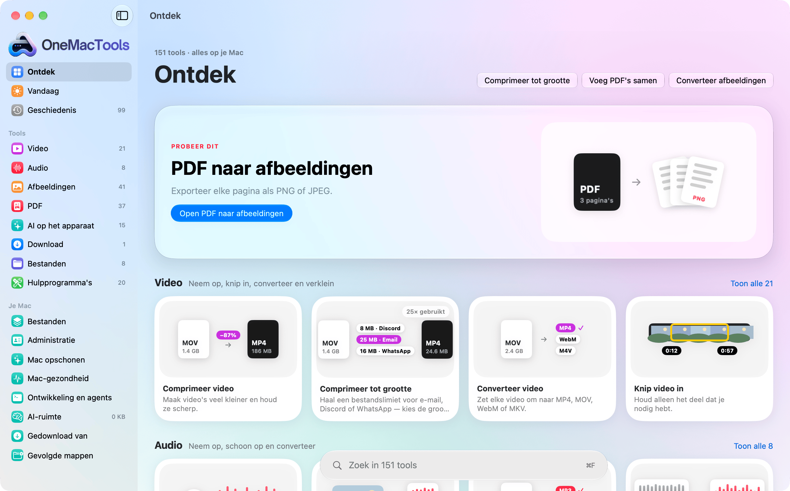 OneMacTools in Liquid Glass: een navigatiekolom met categorieën, een uitgelichte tool en de eerste tools van elke categorie als geïllustreerde kaarten