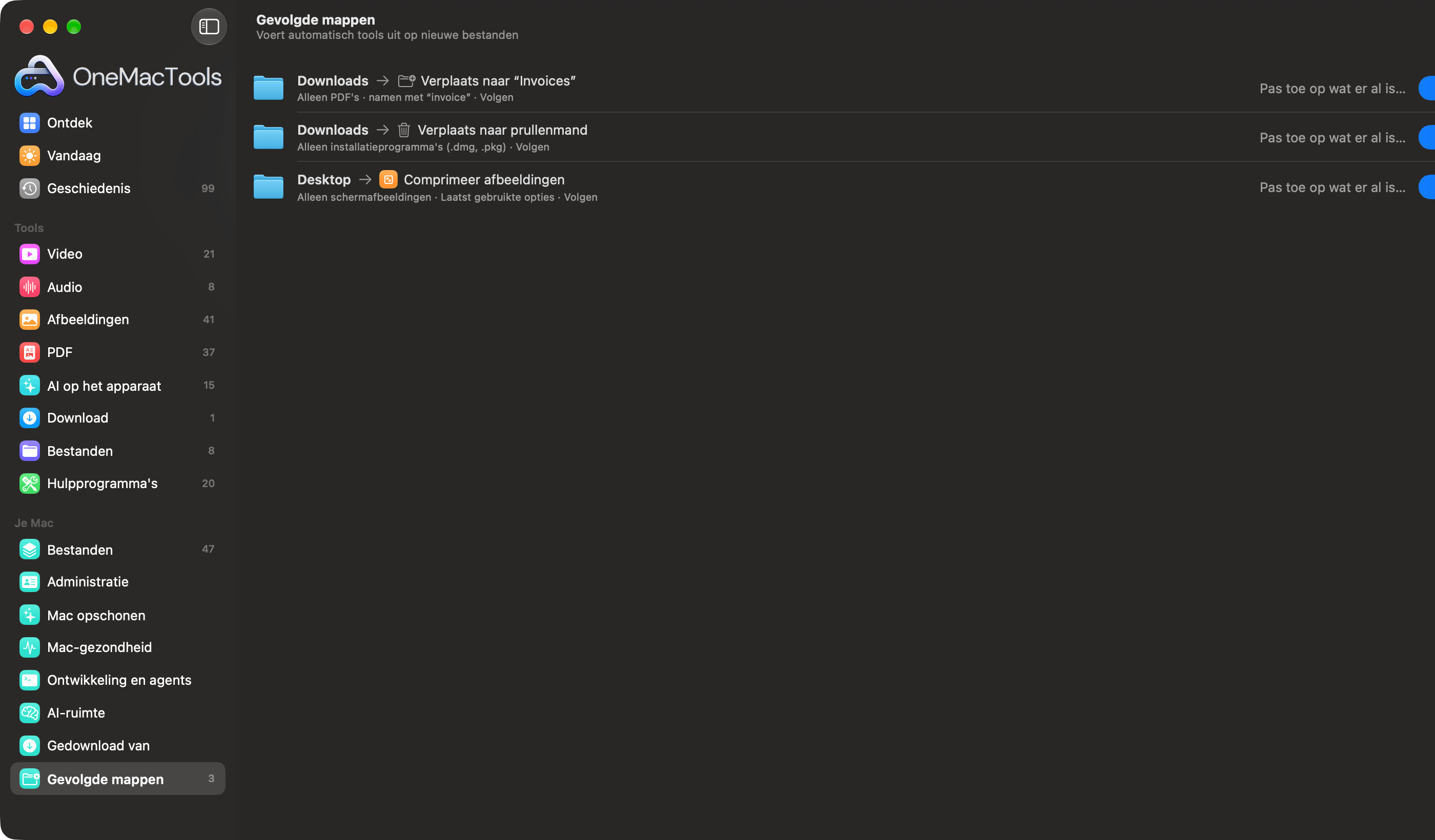 OneMacTools Gevolgde mappen met drie regels: facturen naar een map verplaatsen, oude installatieprogramma's weggooien, schermafbeeldingen comprimeren