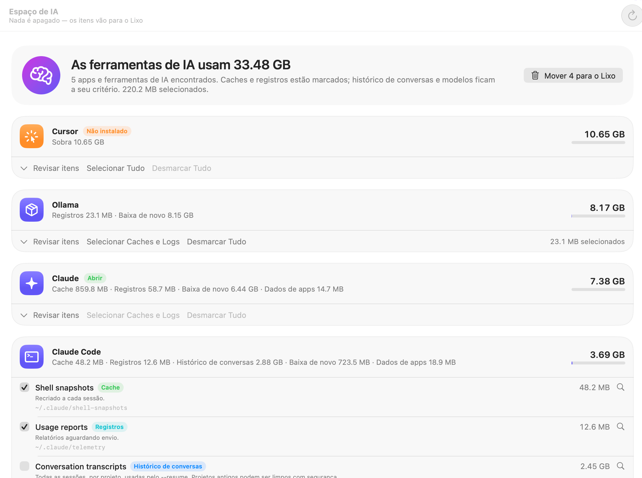 Espaço de IA do OneMacTools listando Cursor (não instalado), Ollama, Claude e Claude Code com seus caches, logs, histórico de conversas e modelos, com caches e logs marcados