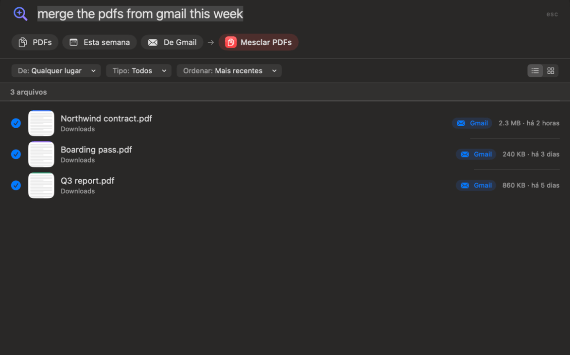 Painel Perguntar do OneMacTools transformando “mesclar os pdfs do gmail desta semana” em filtros PDFs, Esta semana e Do Gmail, com Mesclar PDFs pronto para rodar em três arquivos
