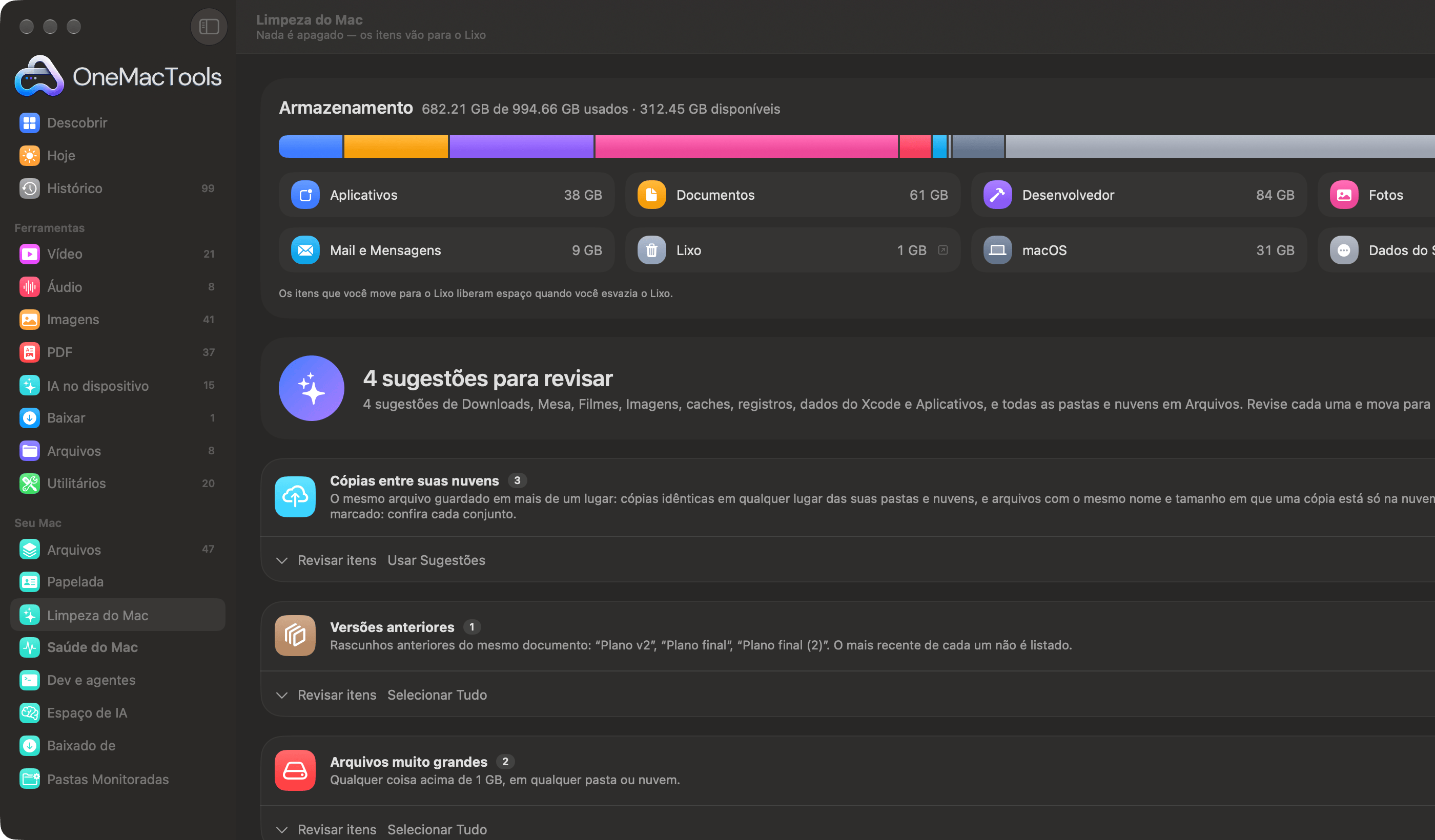 Limpeza do Mac do OneMacTools com cópias entre nuvens, versões anteriores e arquivos muito grandes