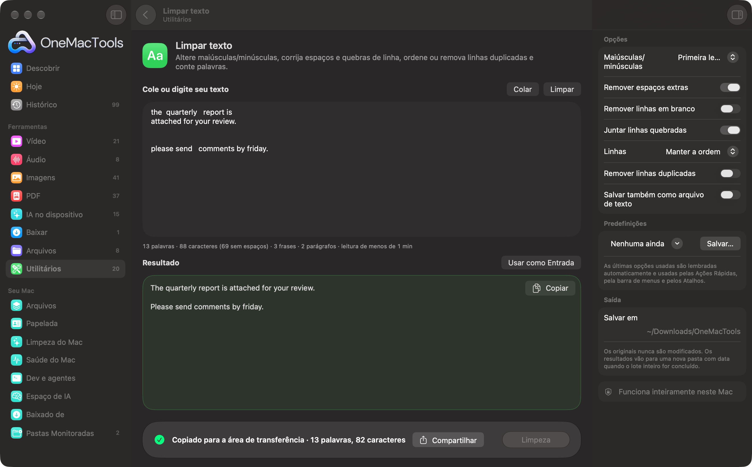Limpar texto do OneMacTools transformando um texto colado bagunçado em frases organizadas, com contagem de palavras ao vivo