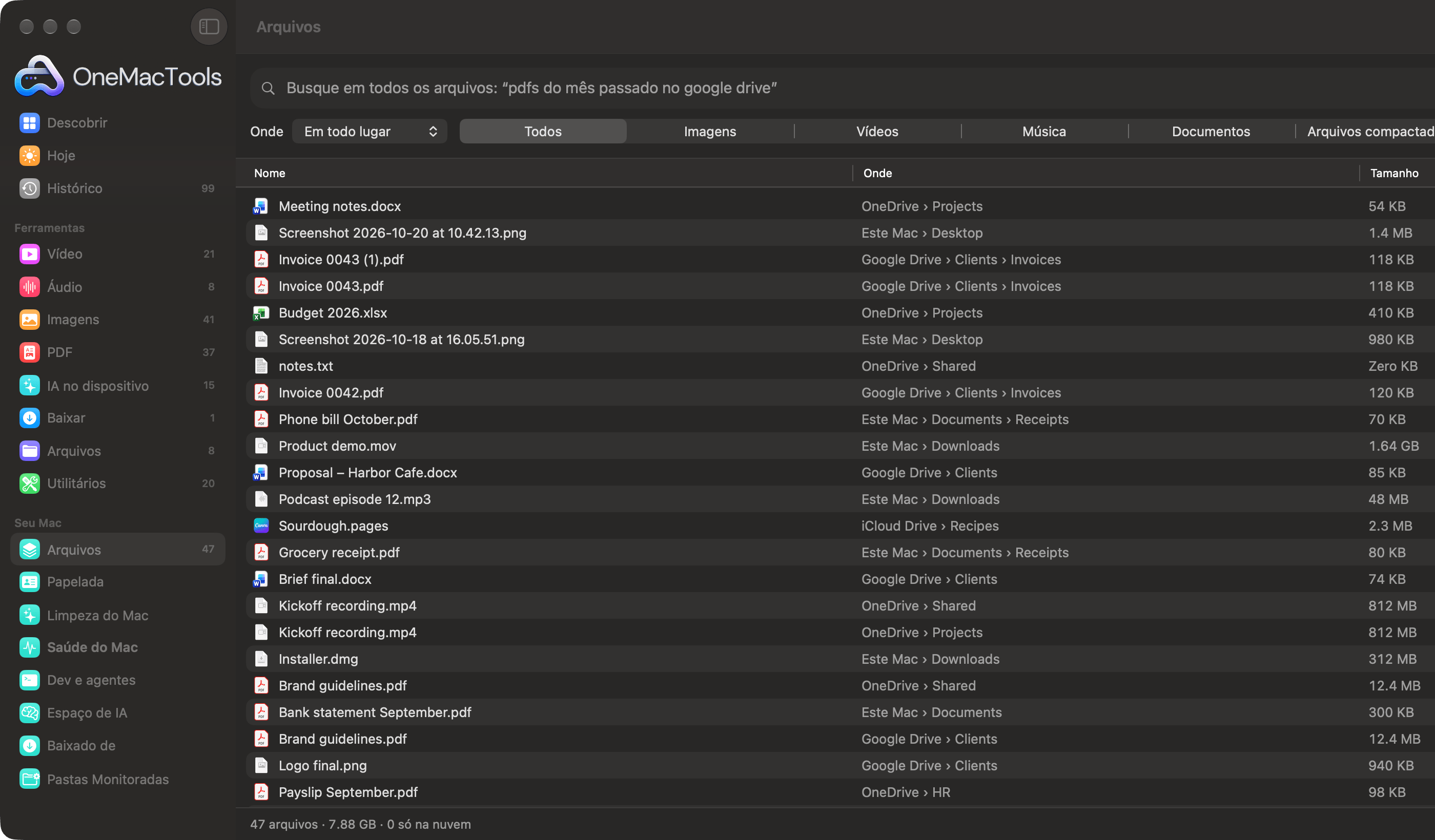 Arquivos do OneMacTools listando todos os arquivos do Google Drive, OneDrive, iCloud Drive e do Mac em uma só lista, com o local de cada um