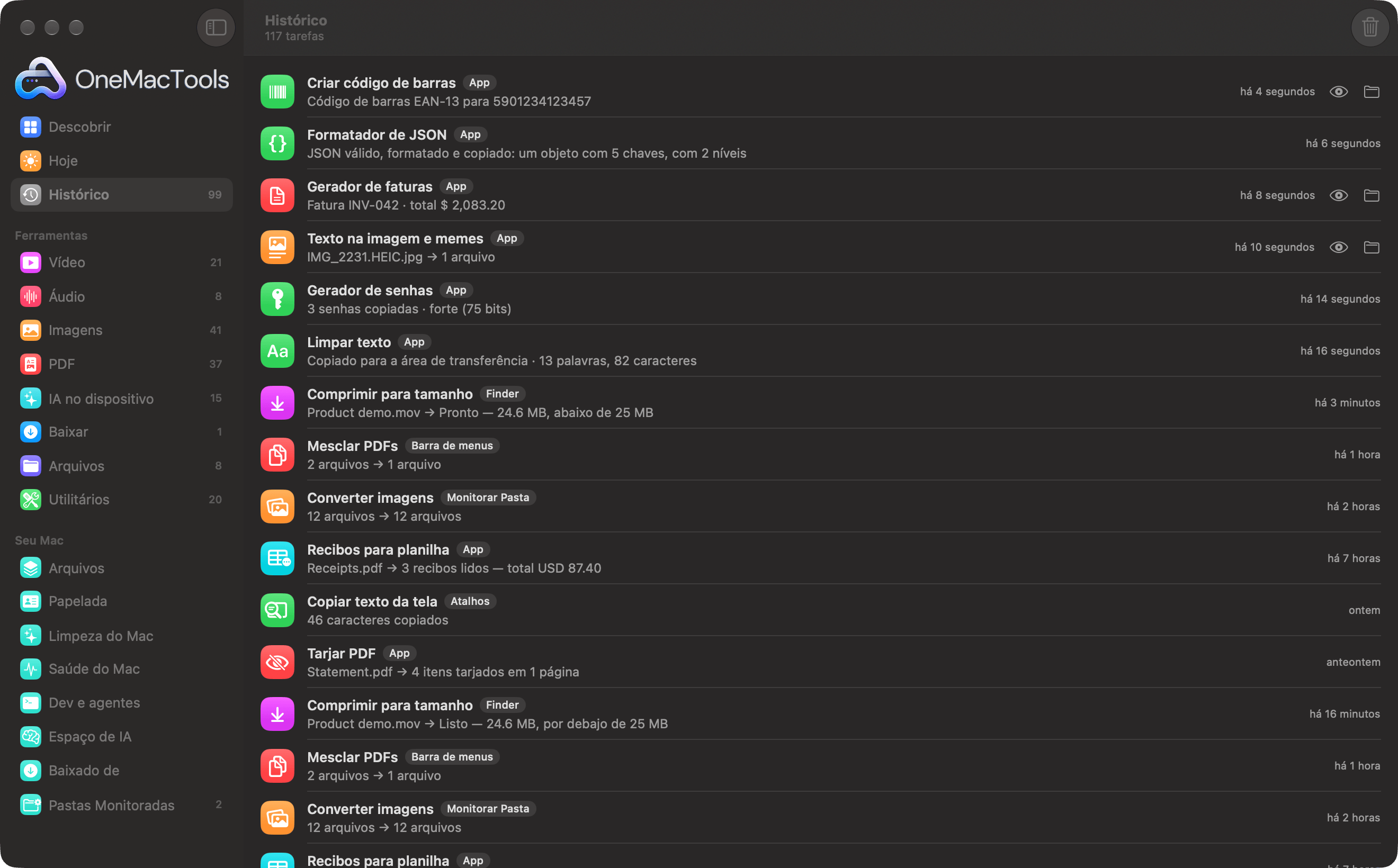 Histórico do OneMacTools listando tarefas do Finder, da barra de menus, de Pastas Monitoradas e de Atalhos