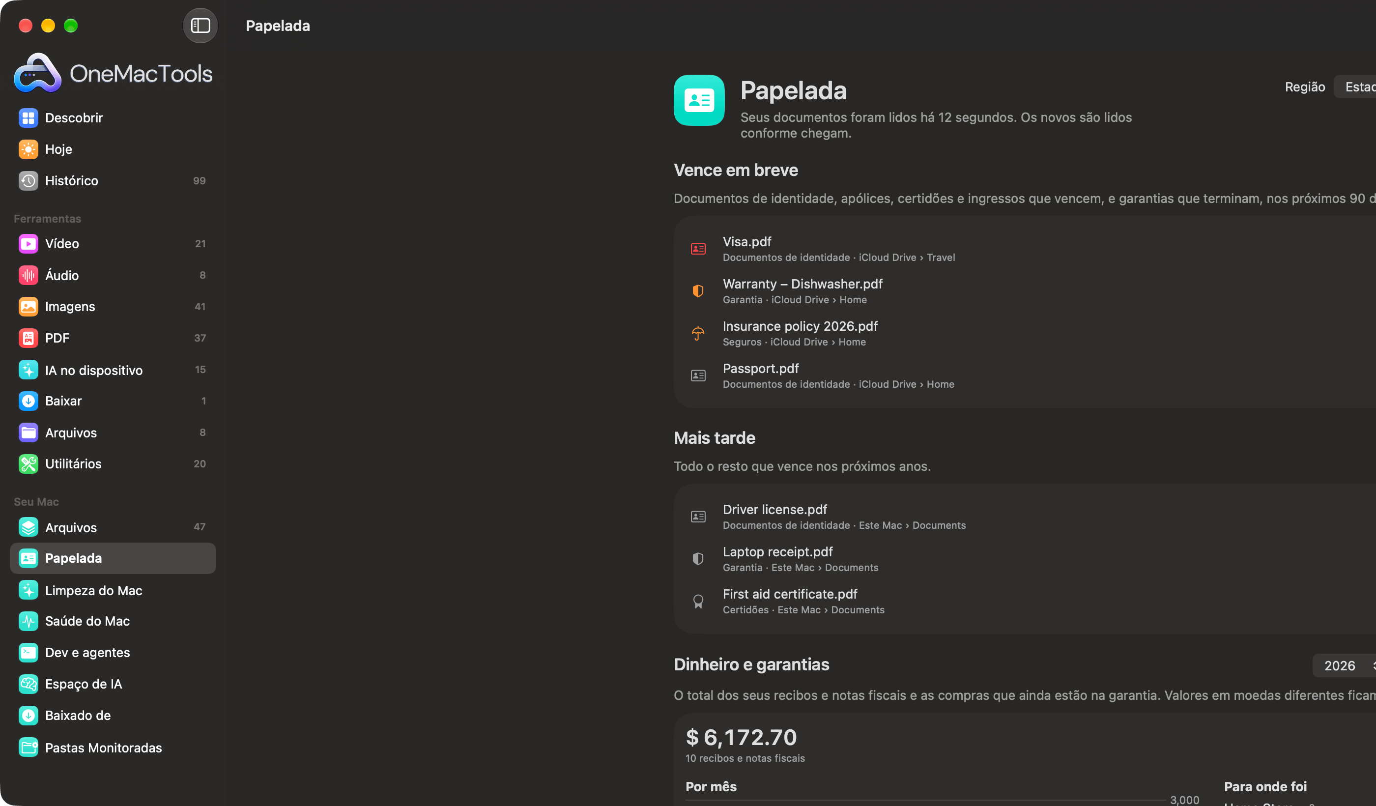 Papelada do OneMacTools listando um visto vencido, a garantia de uma lava-louças, uma apólice de seguro e um passaporte que vencem em breve
