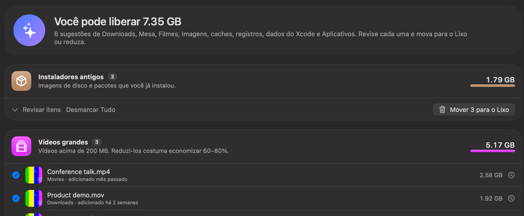 Limpeza do Mac do OneMacTools listando instaladores antigos, vídeos grandes, capturas de tela antigas e duplicados, com Reduzir em vez disso e Mover para o Lixo